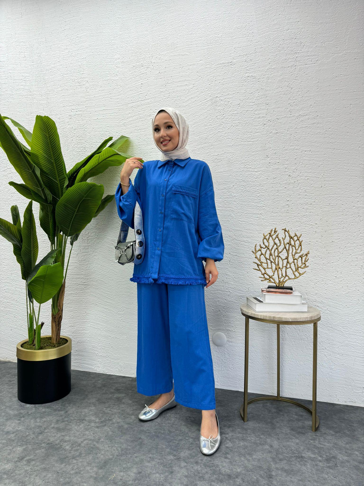 MEYSADESIGN PANTOLON TAKIM Flaulu Detaylı Keten Takım Saks Mavisi