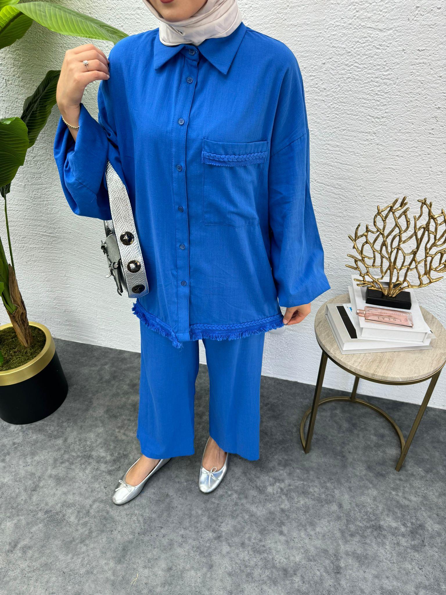 MEYSADESIGN PANTOLON TAKIM Flaulu Detaylı Keten Takım Saks Mavisi