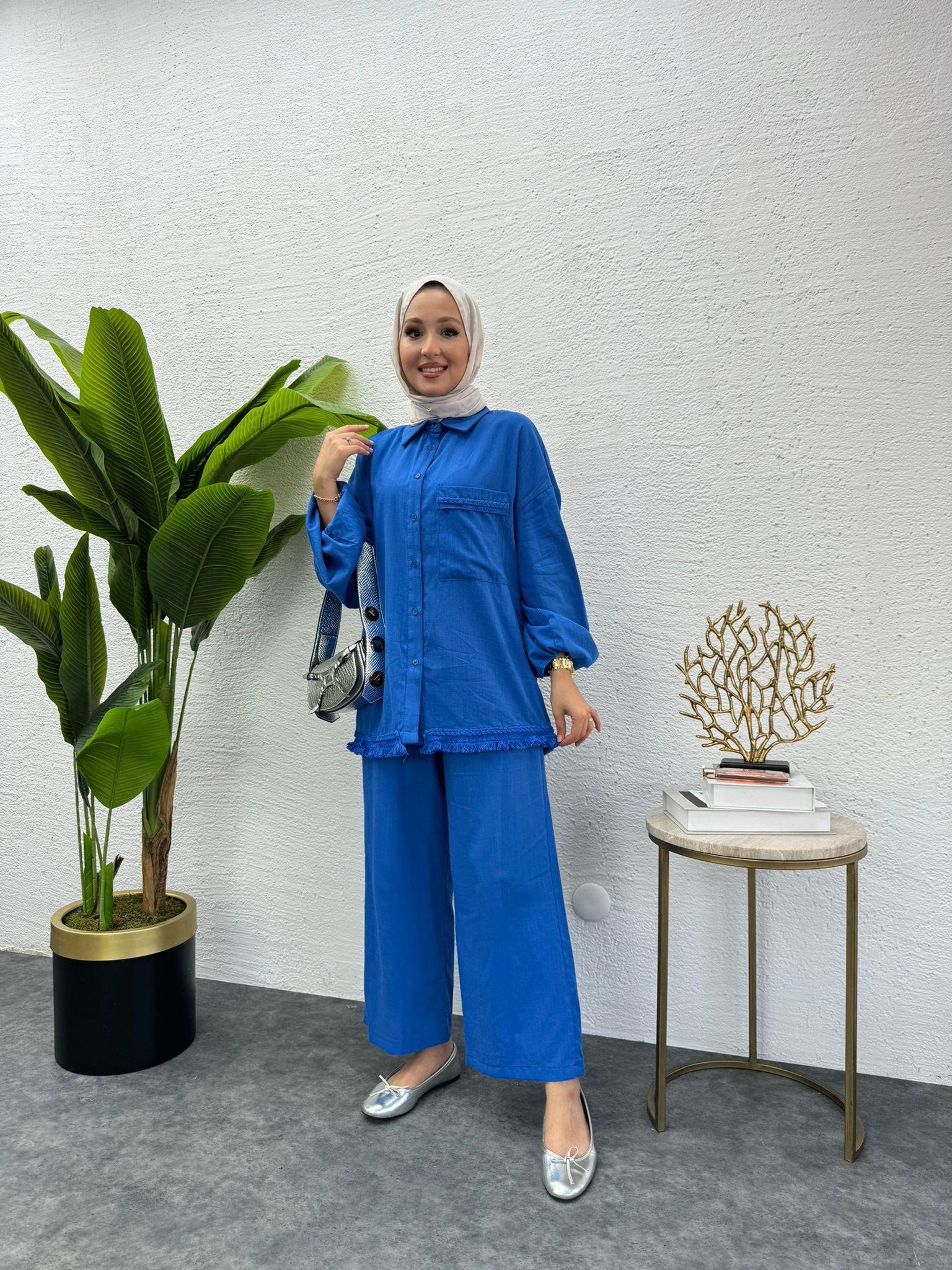 MEYSADESIGN PANTOLON TAKIM Flaulu Detaylı Keten Takım Saks Mavisi