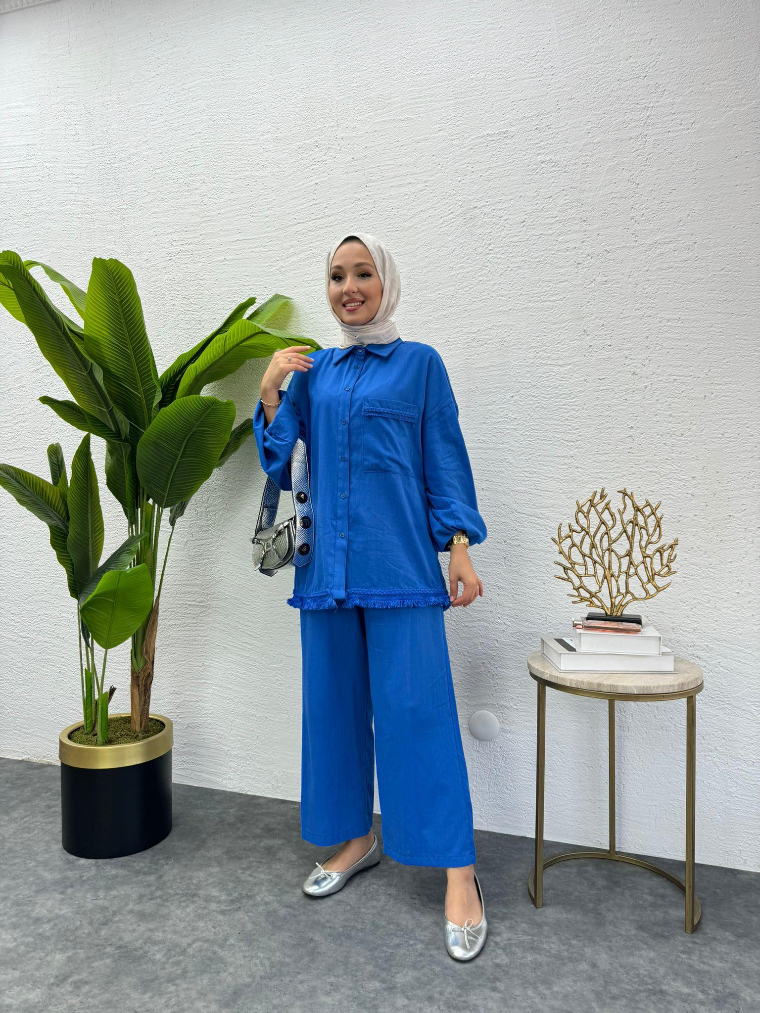 MEYSADESIGN PANTOLON TAKIM Flaulu Detaylı Keten Takım Saks Mavisi