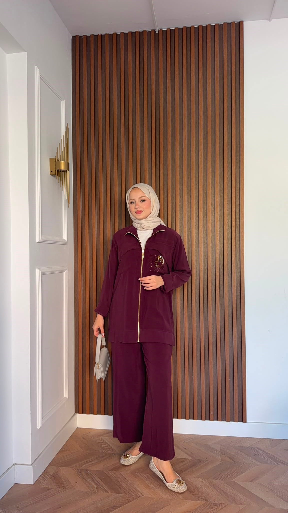 MEYSADESIGN PANTOLON TAKIM Gold Taş Baskılı Tensel İkili Takım Bordo
