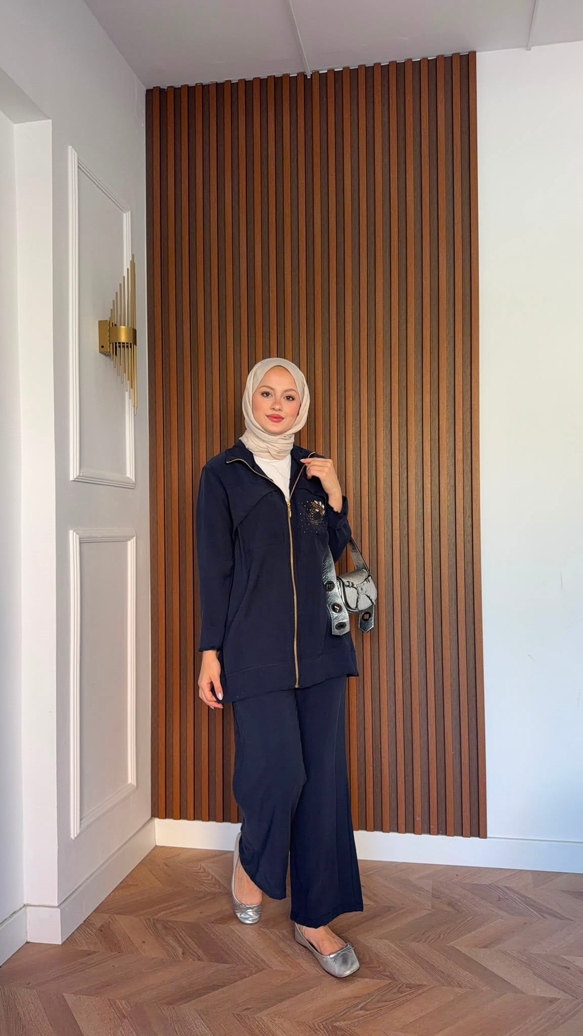 MEYSADESIGN PANTOLON TAKIM Gold Taş Baskılı Tensel İkili Takım Lacivert