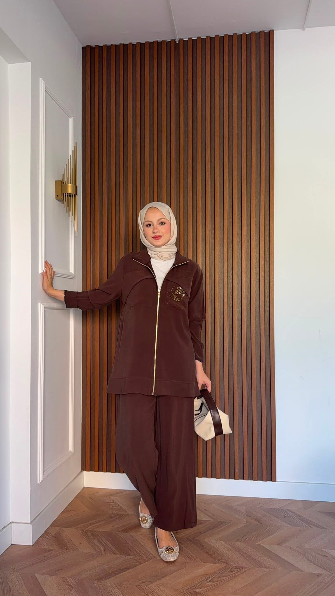 MEYSADESIGN PANTOLON TAKIM Gold Taş Baskılı Tensel İkili Takım Acı Kahve