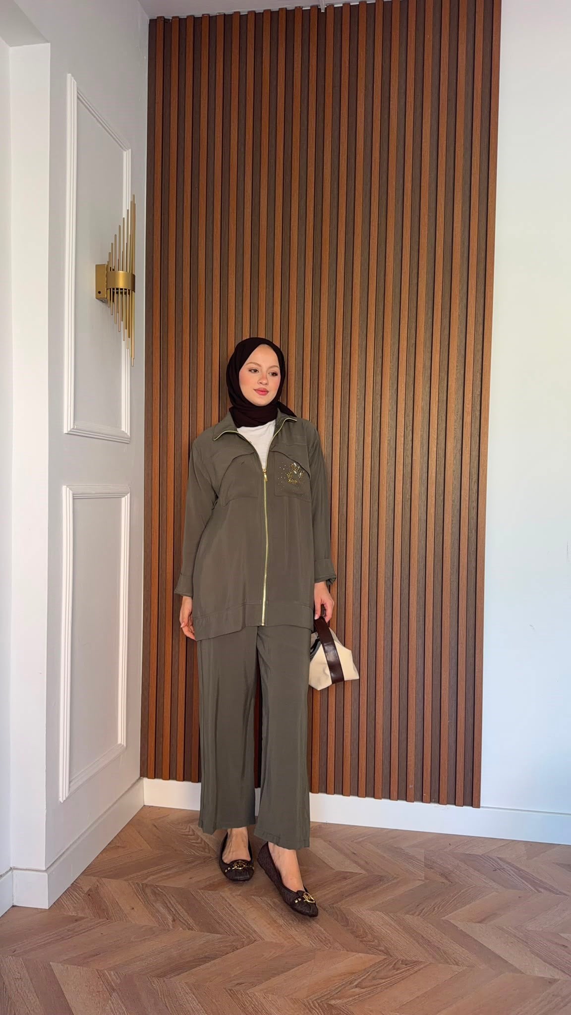 MEYSADESIGN PANTOLON TAKIM Gold Taş Baskılı Tensel İkili Takım Haki