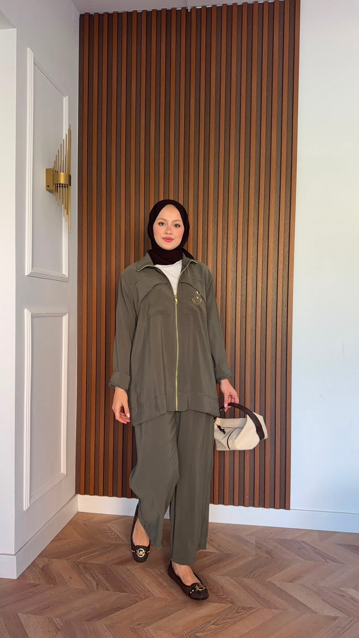 MEYSADESIGN PANTOLON TAKIM Gold Taş Baskılı Tensel İkili Takım Haki