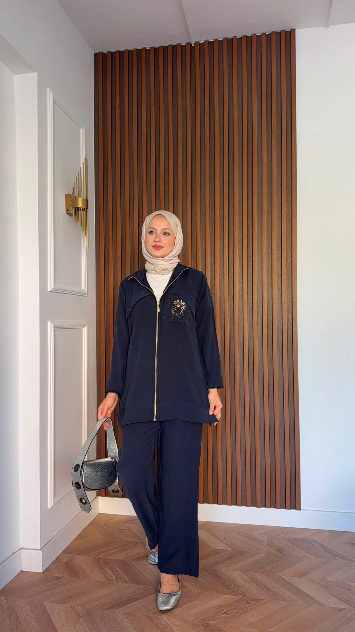 MEYSADESIGN PANTOLON TAKIM Gold Taş Baskılı Tensel İkili Takım Lacivert