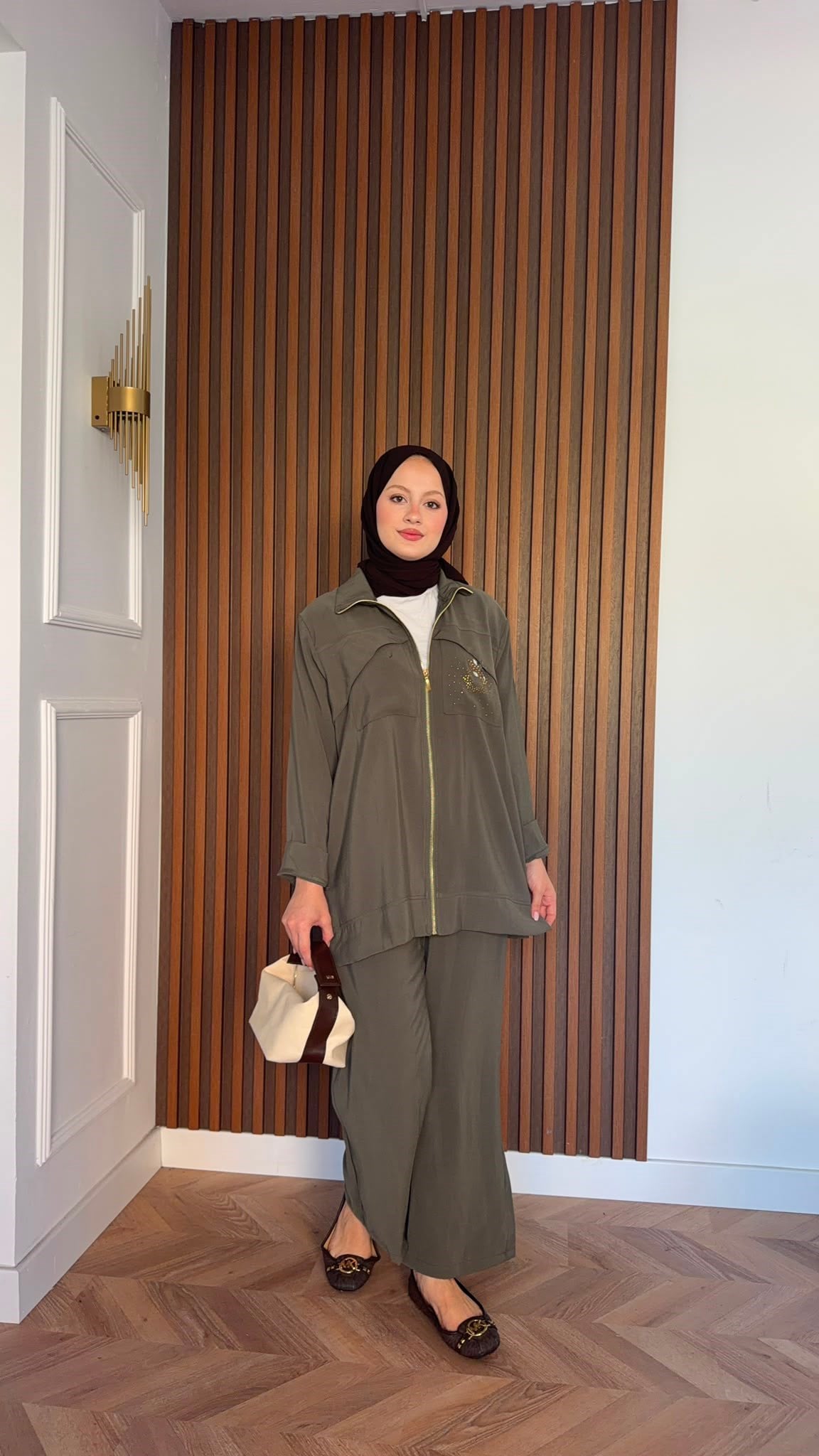 MEYSADESIGN PANTOLON TAKIM Gold Taş Baskılı Tensel İkili Takım Haki