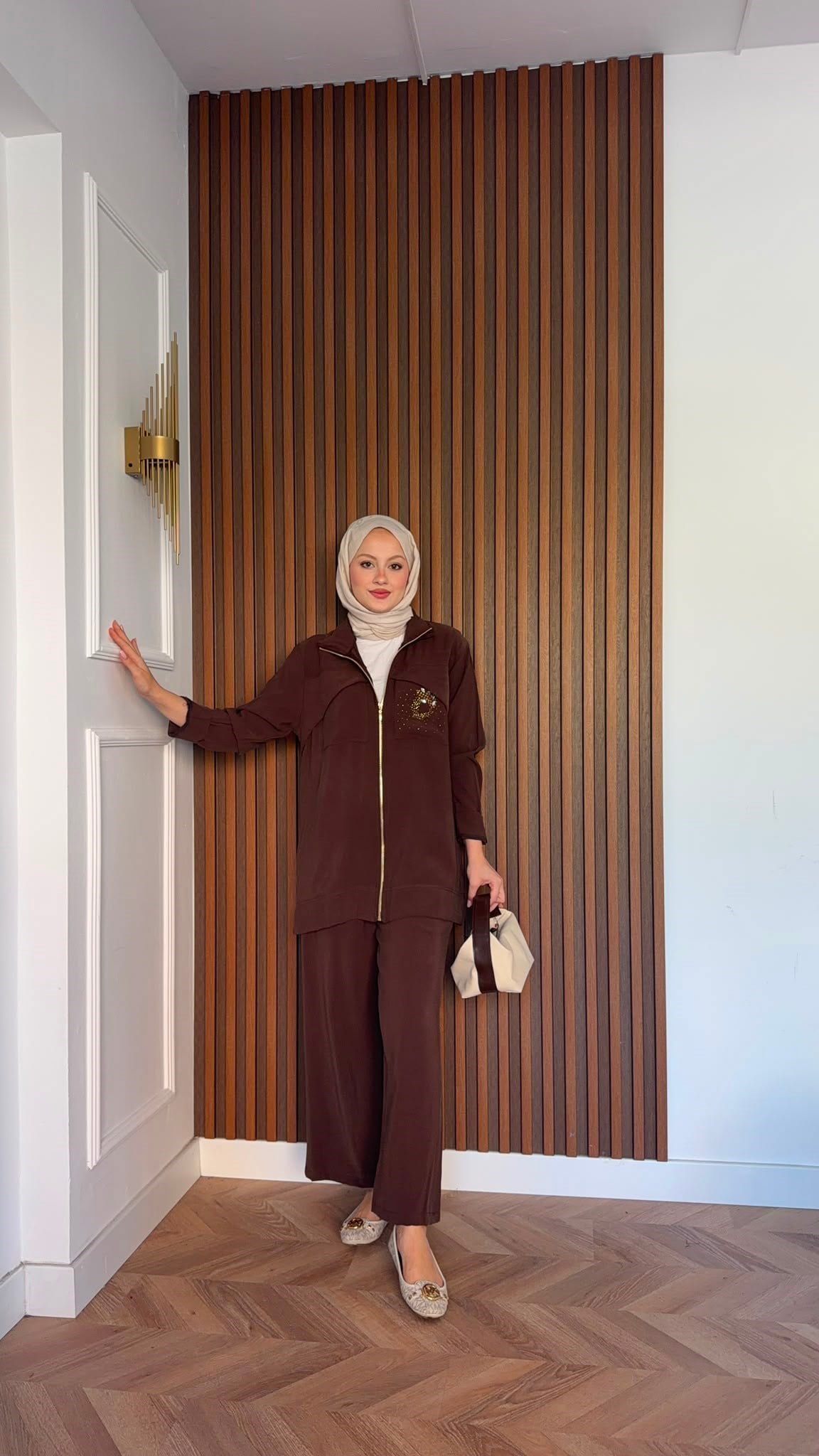MEYSADESIGN PANTOLON TAKIM Gold Taş Baskılı Tensel İkili Takım Acı Kahve