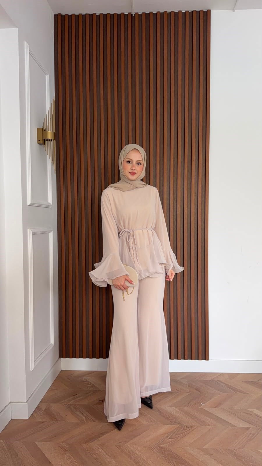 MEYSADESIGN PANTOLON TAKIM İspanyol Kol Şifon Pantolonlu Takım Bej