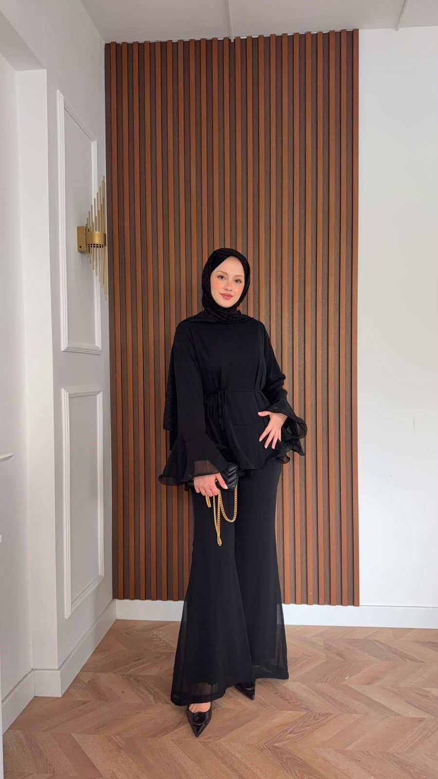 MEYSADESIGN PANTOLON TAKIM İspanyol Kol Şifon Pantolonlu Takım Siyah