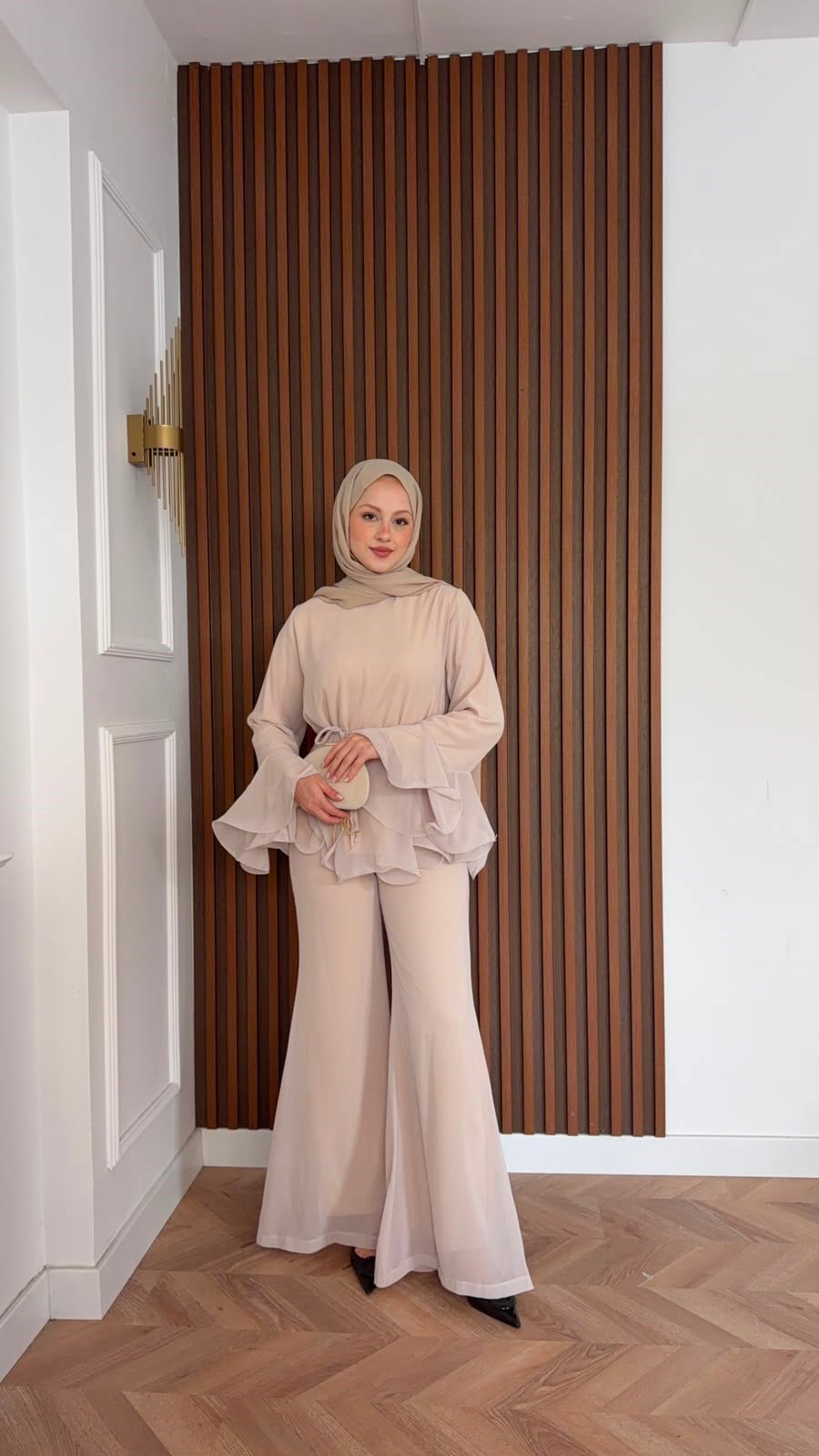 MEYSADESIGN PANTOLON TAKIM İspanyol Kol Şifon Pantolonlu Takım Bej