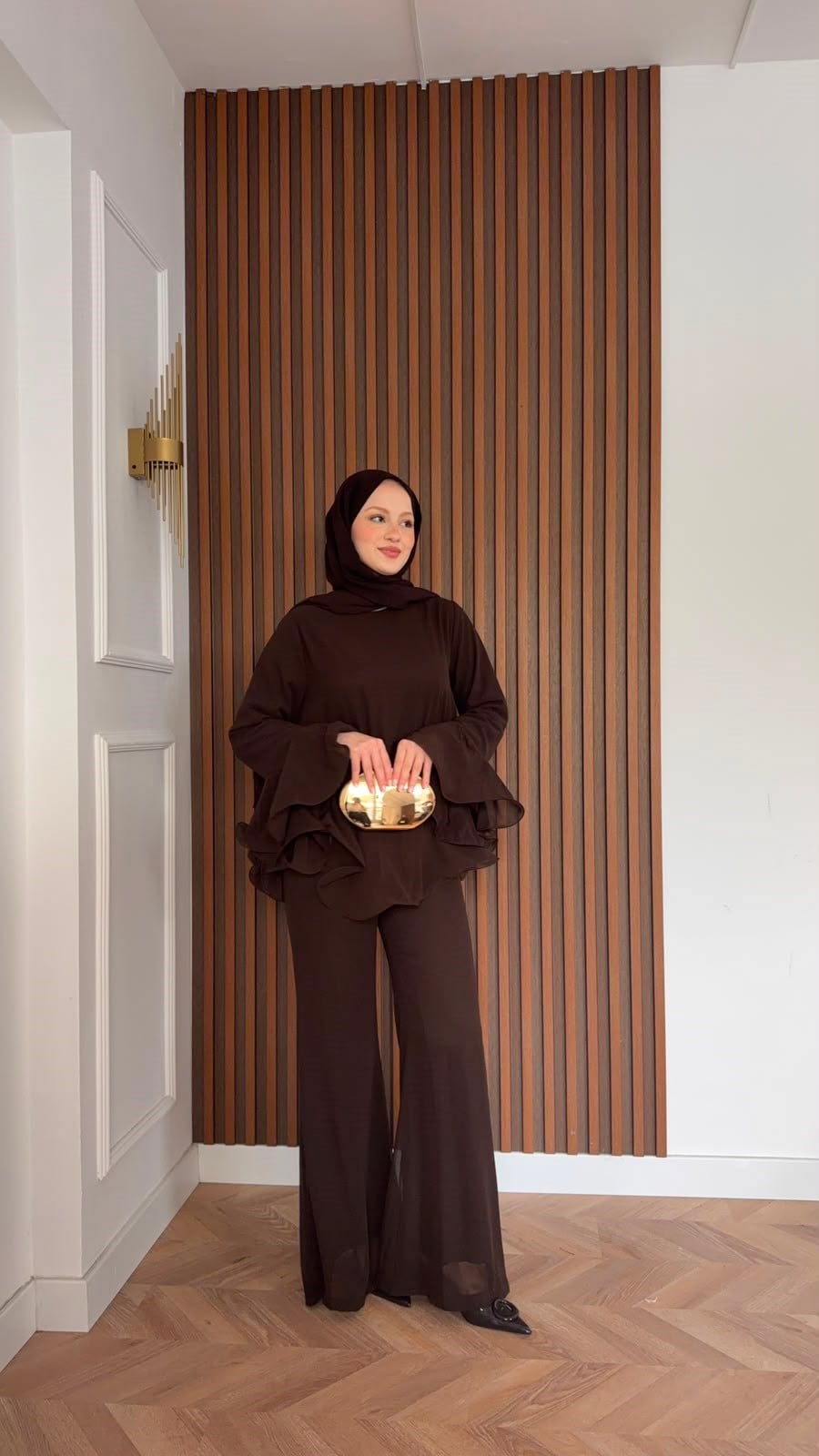MEYSADESIGN PANTOLON TAKIM İspanyol Kol Şifon Pantolonlu Takım Kahve