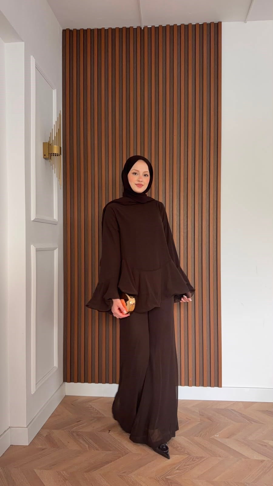 MEYSADESIGN PANTOLON TAKIM İspanyol Kol Şifon Pantolonlu Takım Kahve