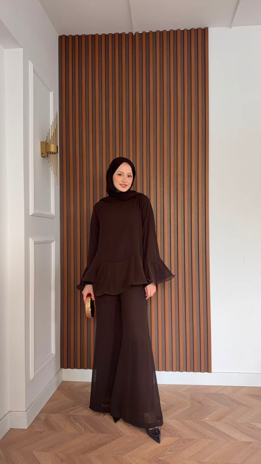 MEYSADESIGN PANTOLON TAKIM İspanyol Kol Şifon Pantolonlu Takım Kahve