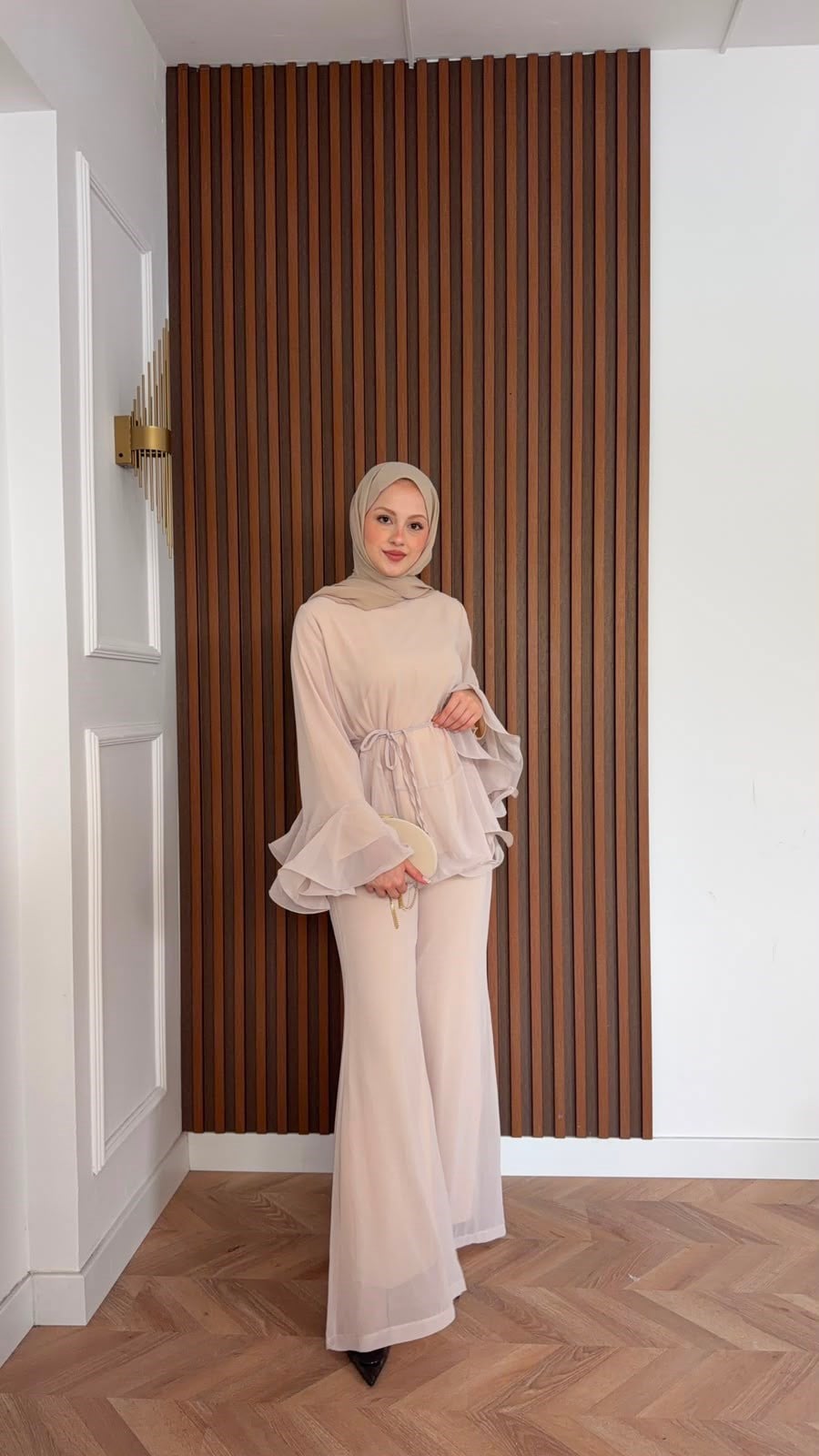 MEYSADESIGN PANTOLON TAKIM İspanyol Kol Şifon Pantolonlu Takım Bej