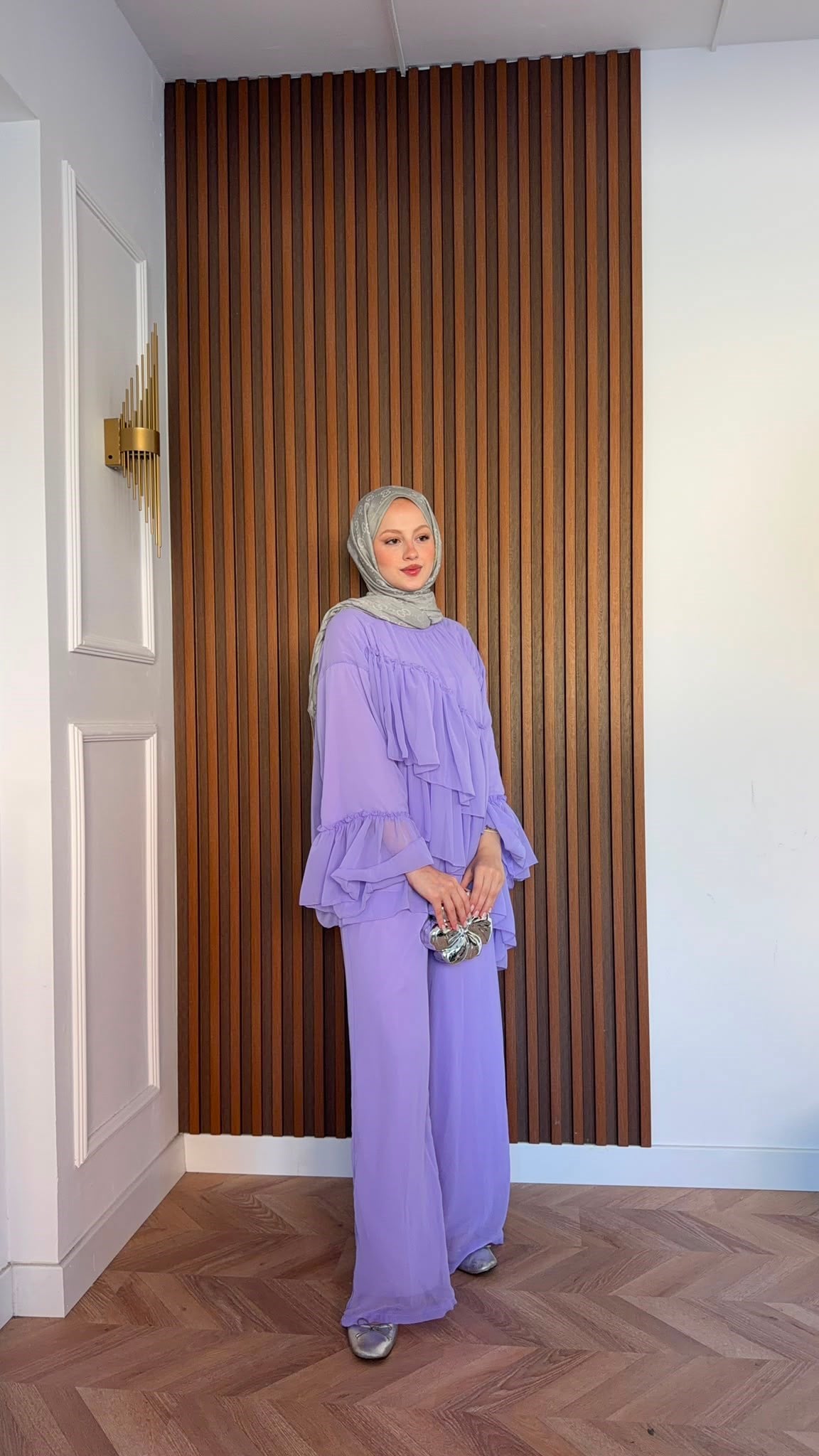 MEYSADESIGN PANTOLON TAKIM Katkat Şifon Takım Lila