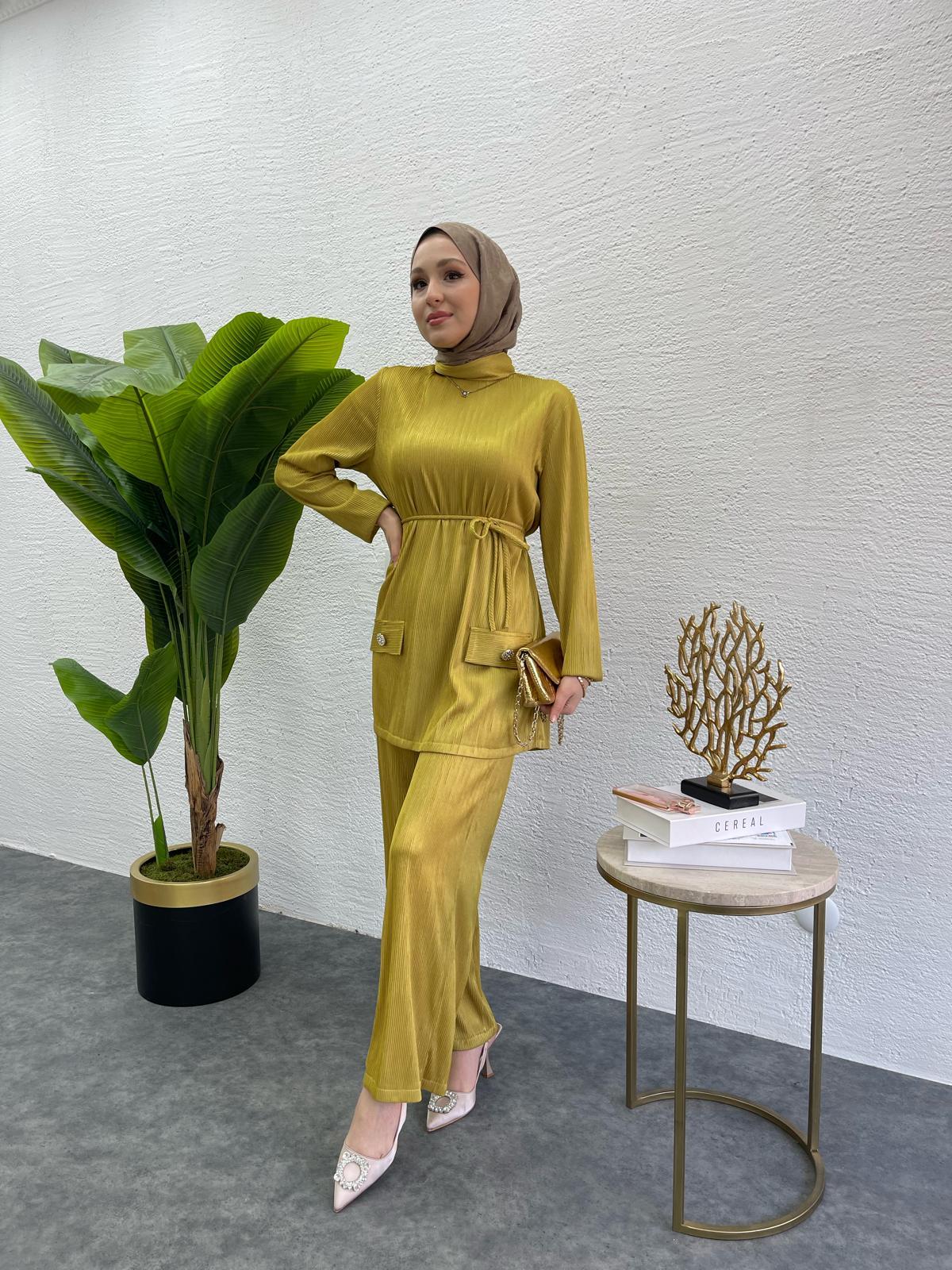 MEYSADESIGN PANTOLON TAKIM Kırinkıl Krep İkili Takım Yağ Yeşili