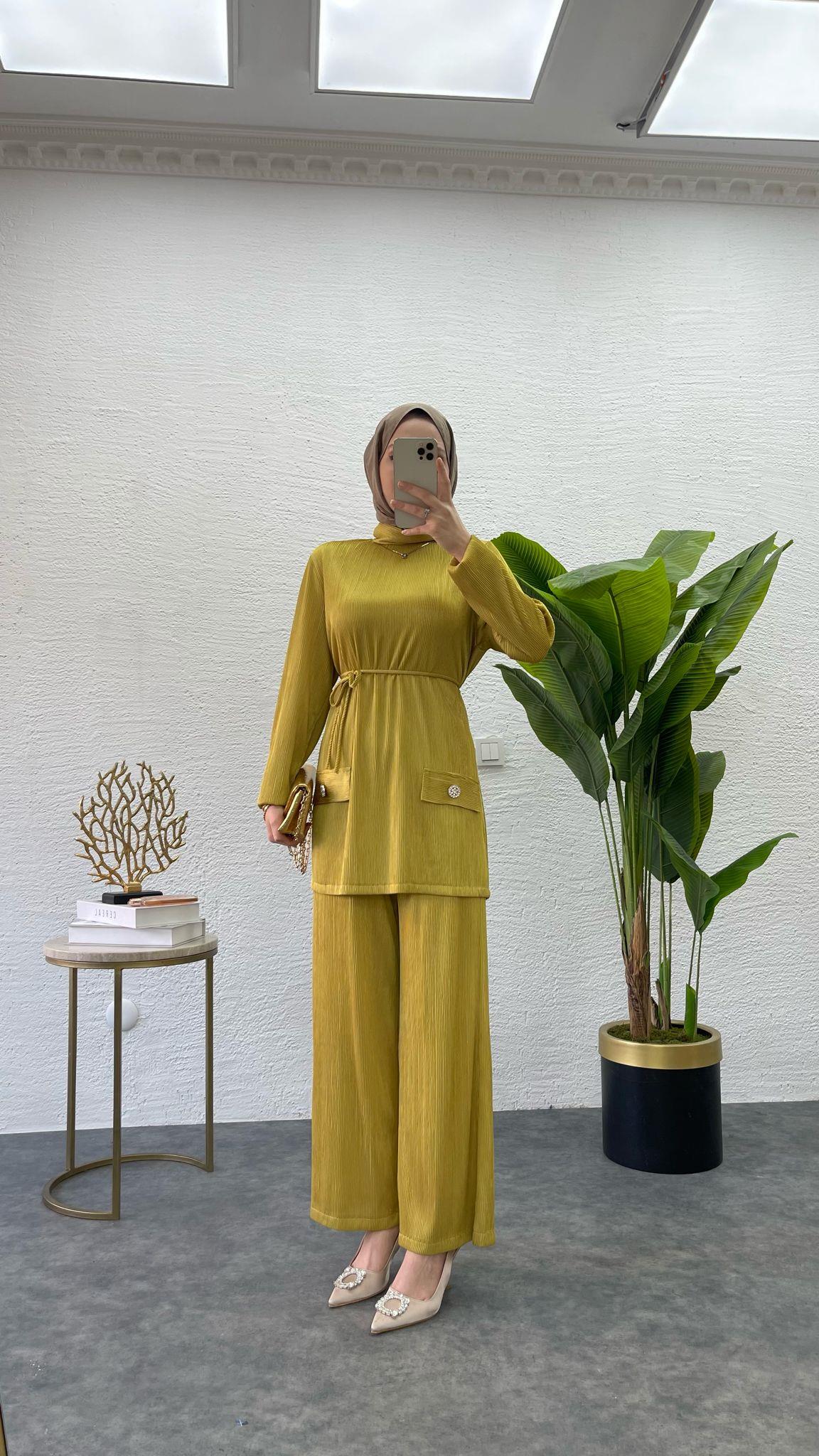 MEYSADESIGN PANTOLON TAKIM Kırinkıl Krep İkili Takım Yağ Yeşili