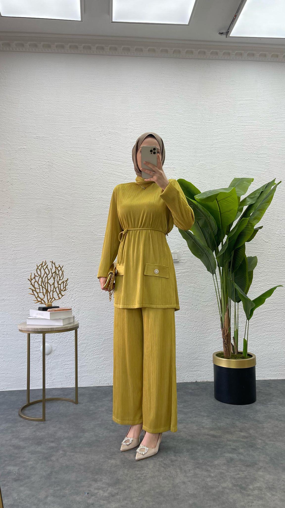 MEYSADESIGN PANTOLON TAKIM Kırinkıl Krep İkili Takım Yağ Yeşili