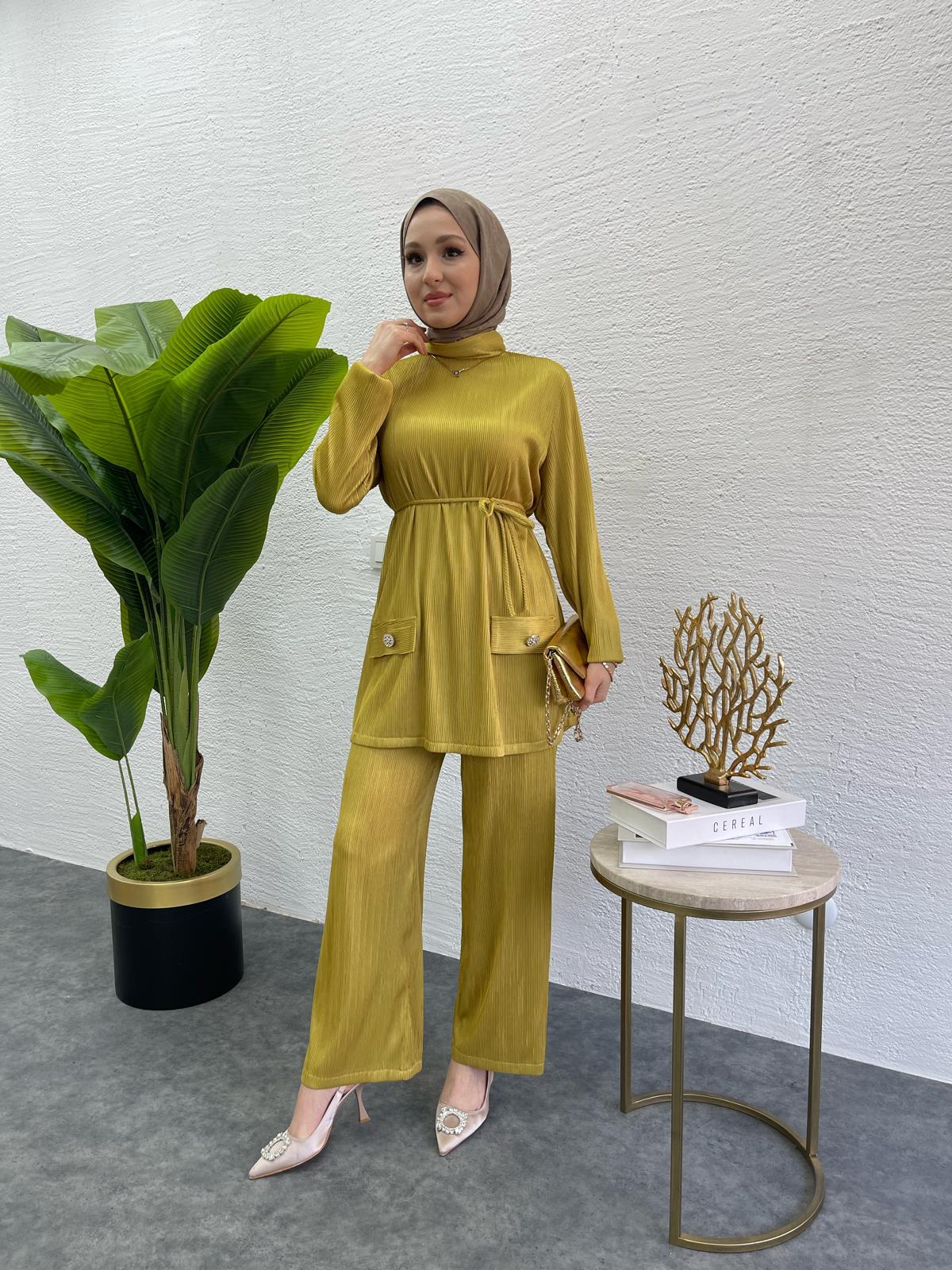 MEYSADESIGN PANTOLON TAKIM Kırinkıl Krep İkili Takım Yağ Yeşili