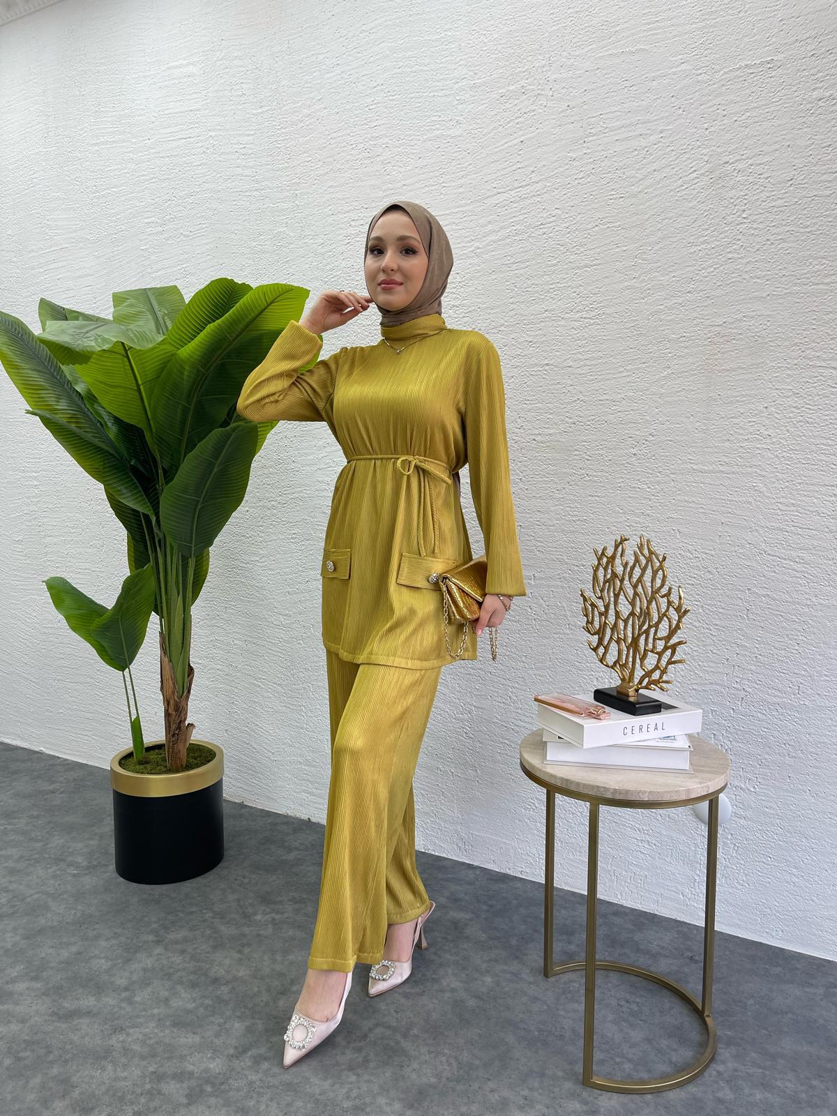 MEYSADESIGN PANTOLON TAKIM Kırinkıl Krep İkili Takım Yağ Yeşili