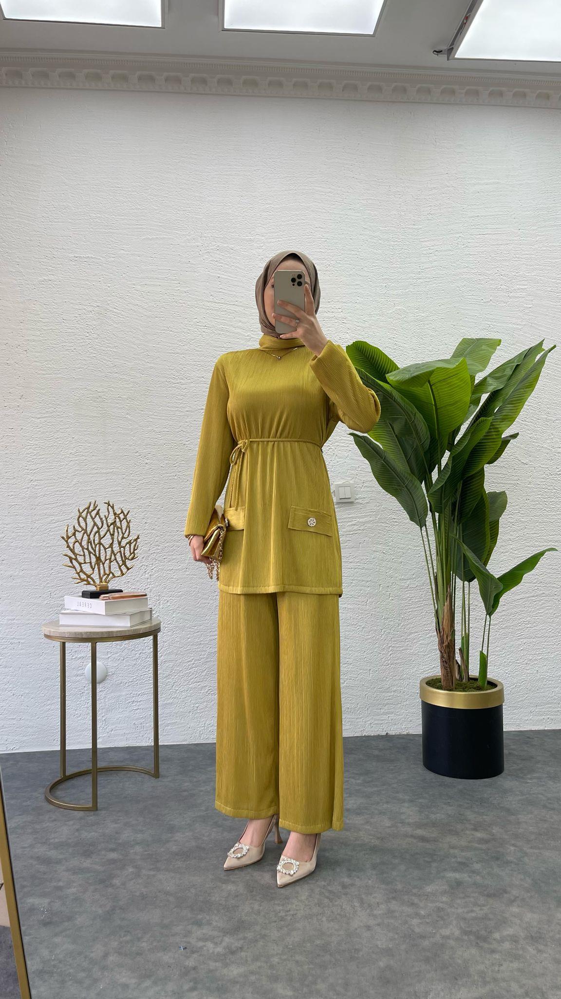 MEYSADESIGN PANTOLON TAKIM Kırinkıl Krep İkili Takım Yağ Yeşili