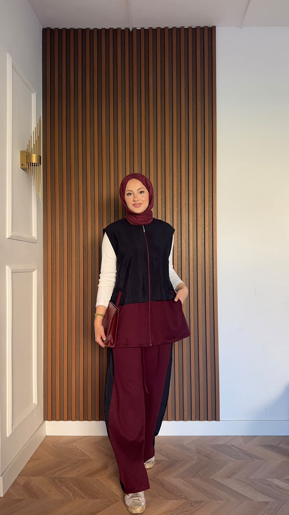 MEYSADESIGN PANTOLON TAKIM Kontrast Çift Renkli Yelekli İkili Takım Bordo