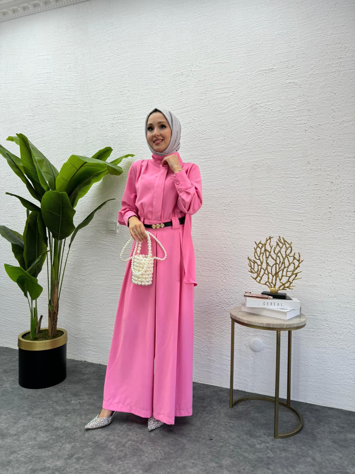MEYSADESIGN PANTOLON TAKIM Krep Pileli Tulum Pembe