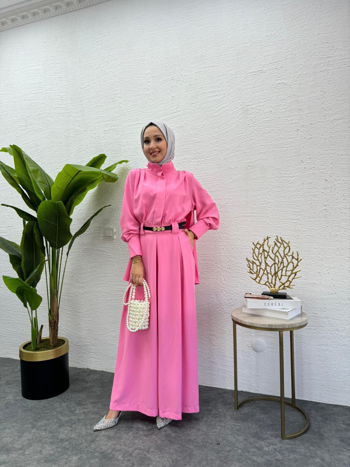 MEYSADESIGN PANTOLON TAKIM Krep Pileli Tulum Pembe