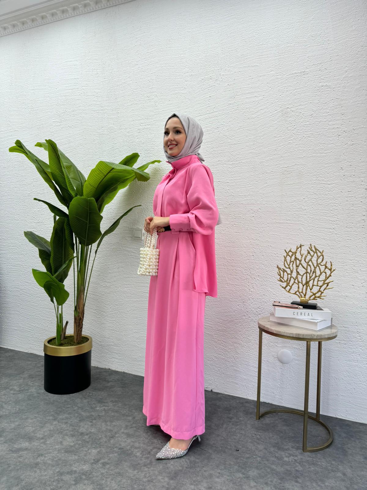 MEYSADESIGN PANTOLON TAKIM Krep Pileli Tulum Pembe