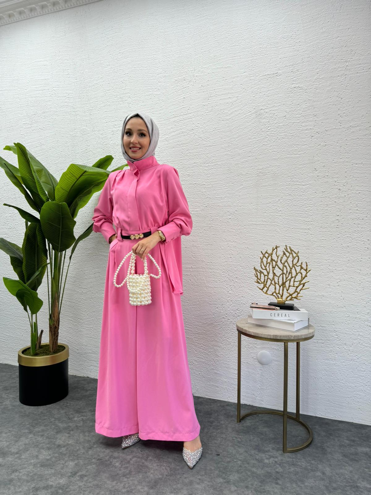 MEYSADESIGN PANTOLON TAKIM Krep Pileli Tulum Pembe