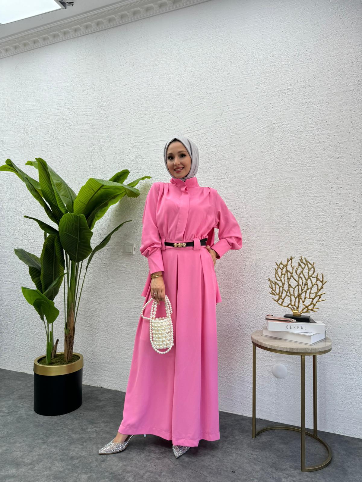 MEYSADESIGN PANTOLON TAKIM Krep Pileli Tulum Pembe