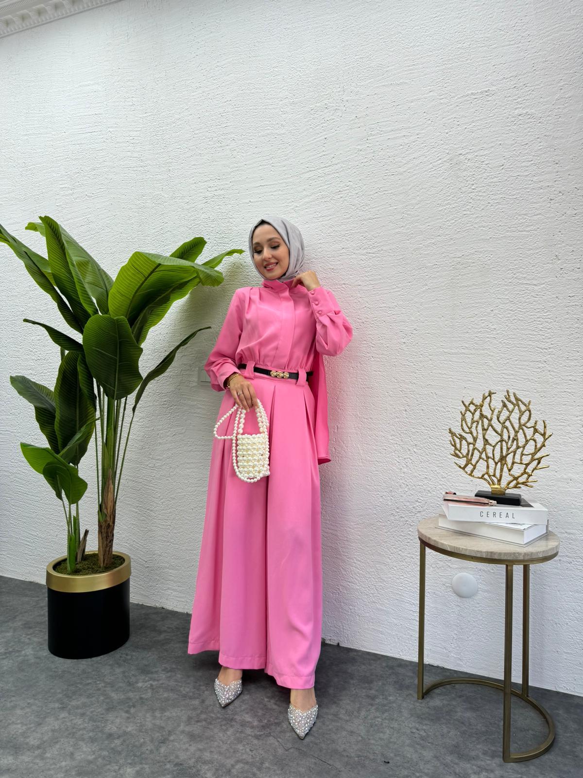 MEYSADESIGN PANTOLON TAKIM Krep Pileli Tulum Pembe