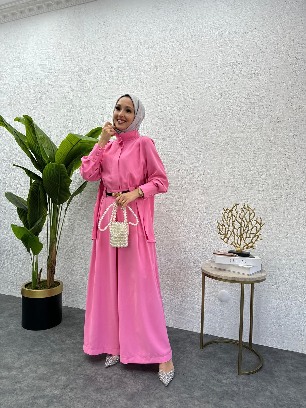 MEYSADESIGN PANTOLON TAKIM Krep Pileli Tulum Pembe