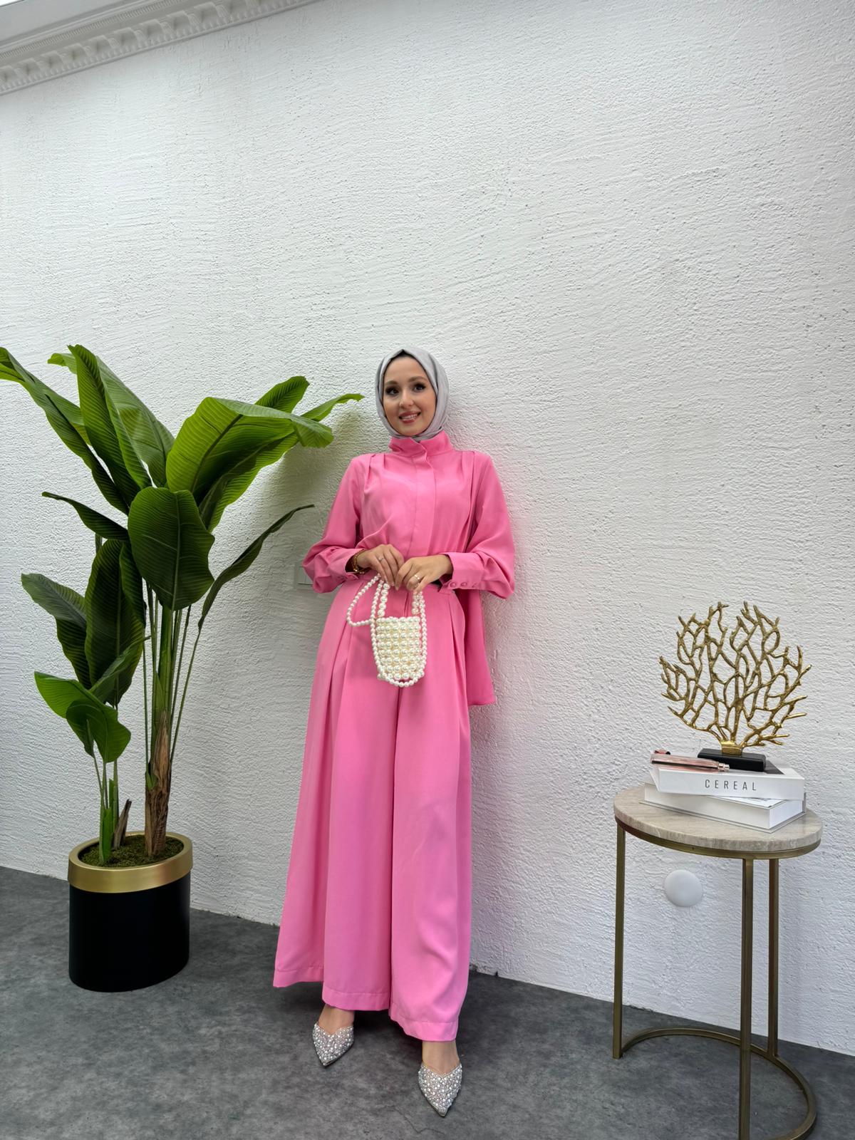 MEYSADESIGN PANTOLON TAKIM Krep Pileli Tulum Pembe