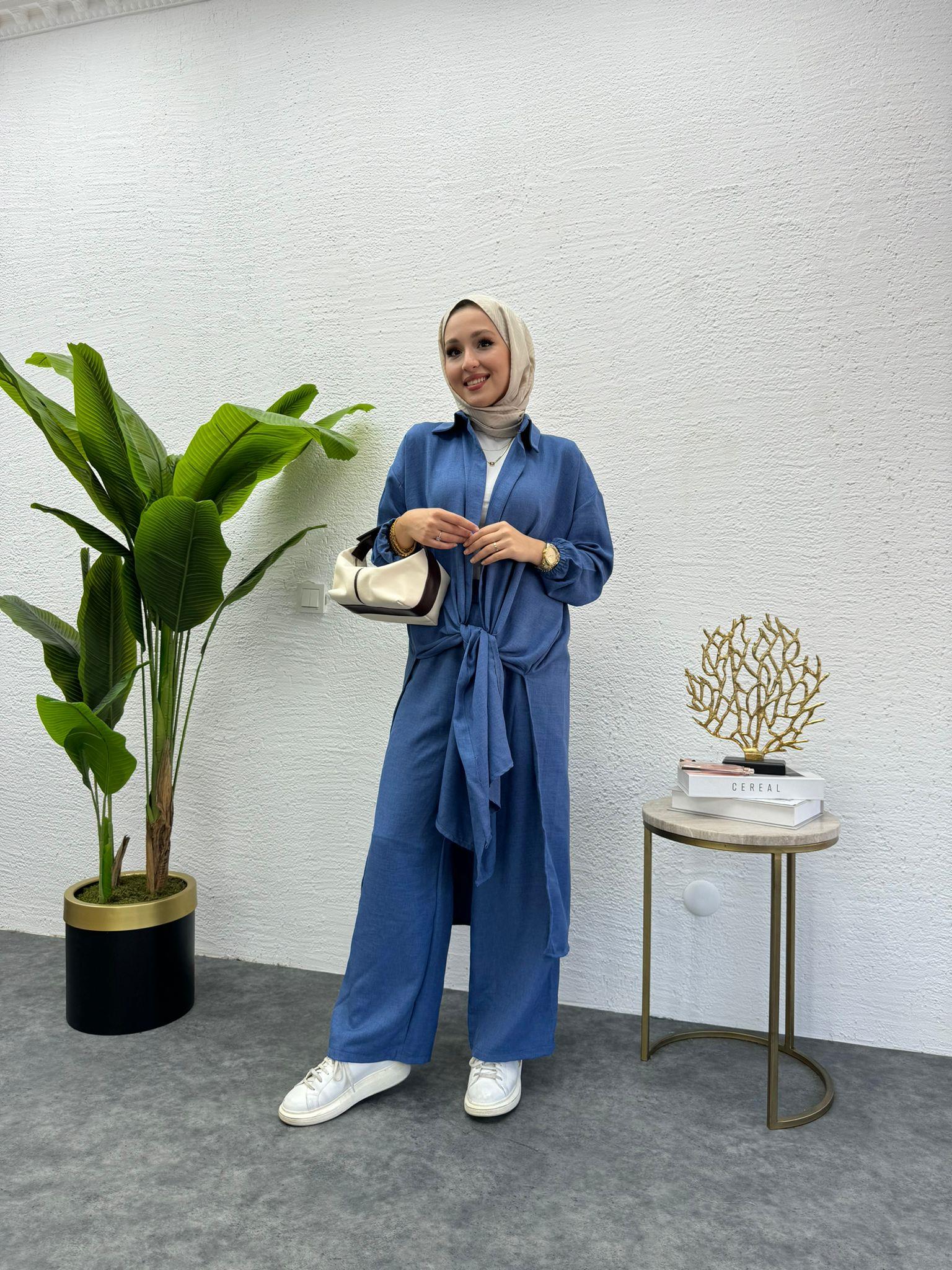 MEYSADESIGN PANTOLON TAKIM Lina Keten İkili Takım Koyu Mavi