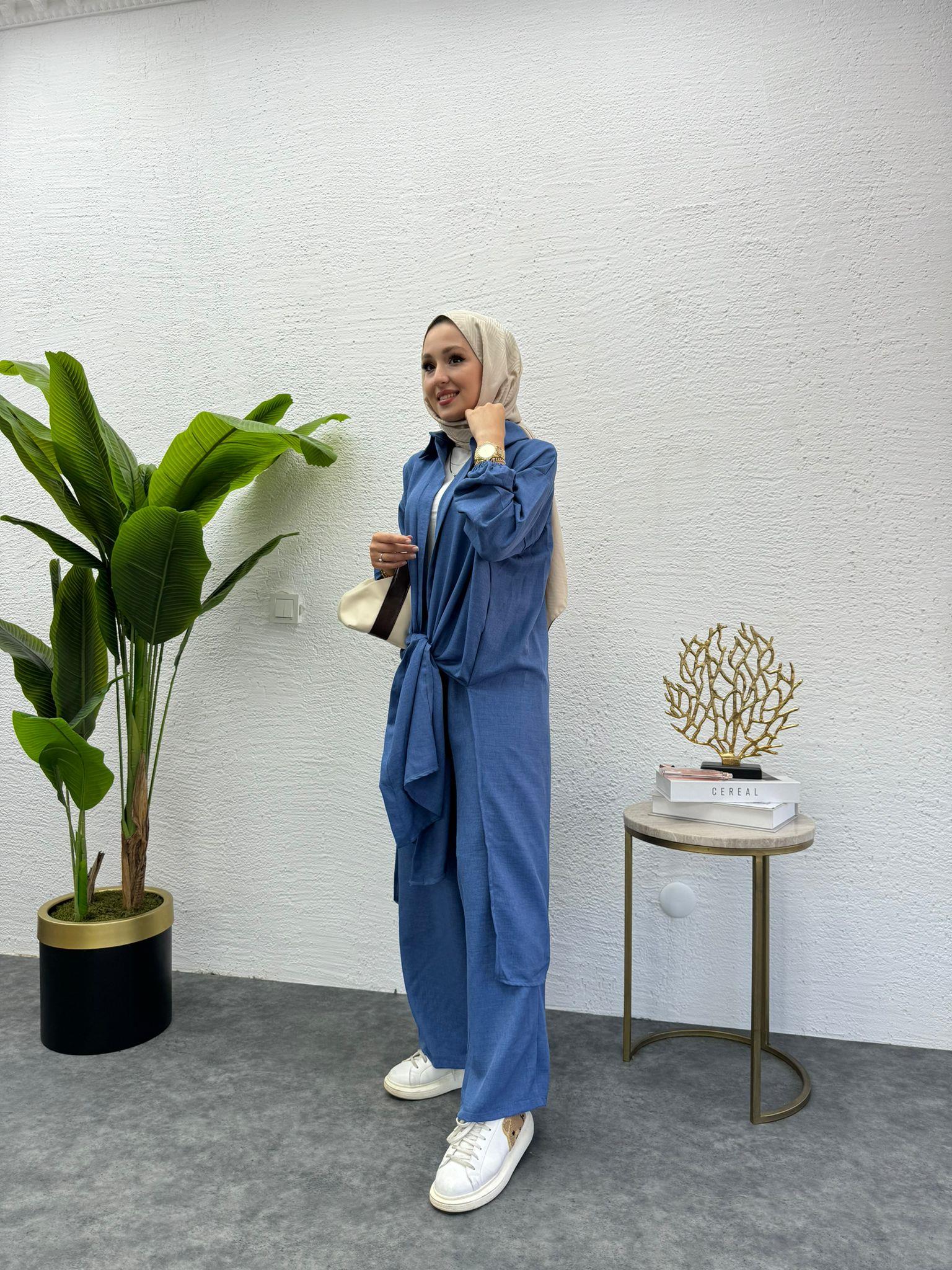MEYSADESIGN PANTOLON TAKIM Lina Keten İkili Takım Koyu Mavi