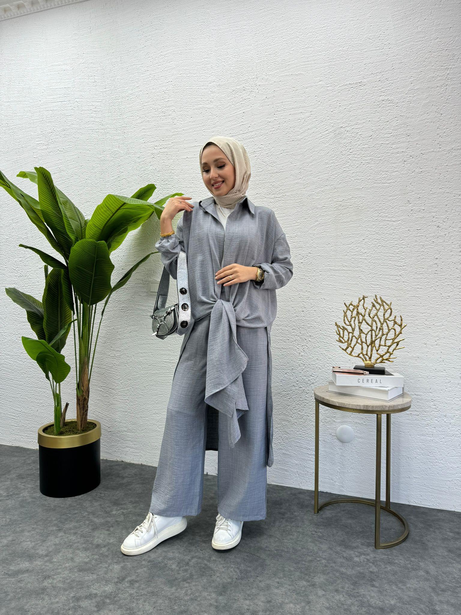 MEYSADESIGN PANTOLON TAKIM Lina Keten İkili Takım Gri