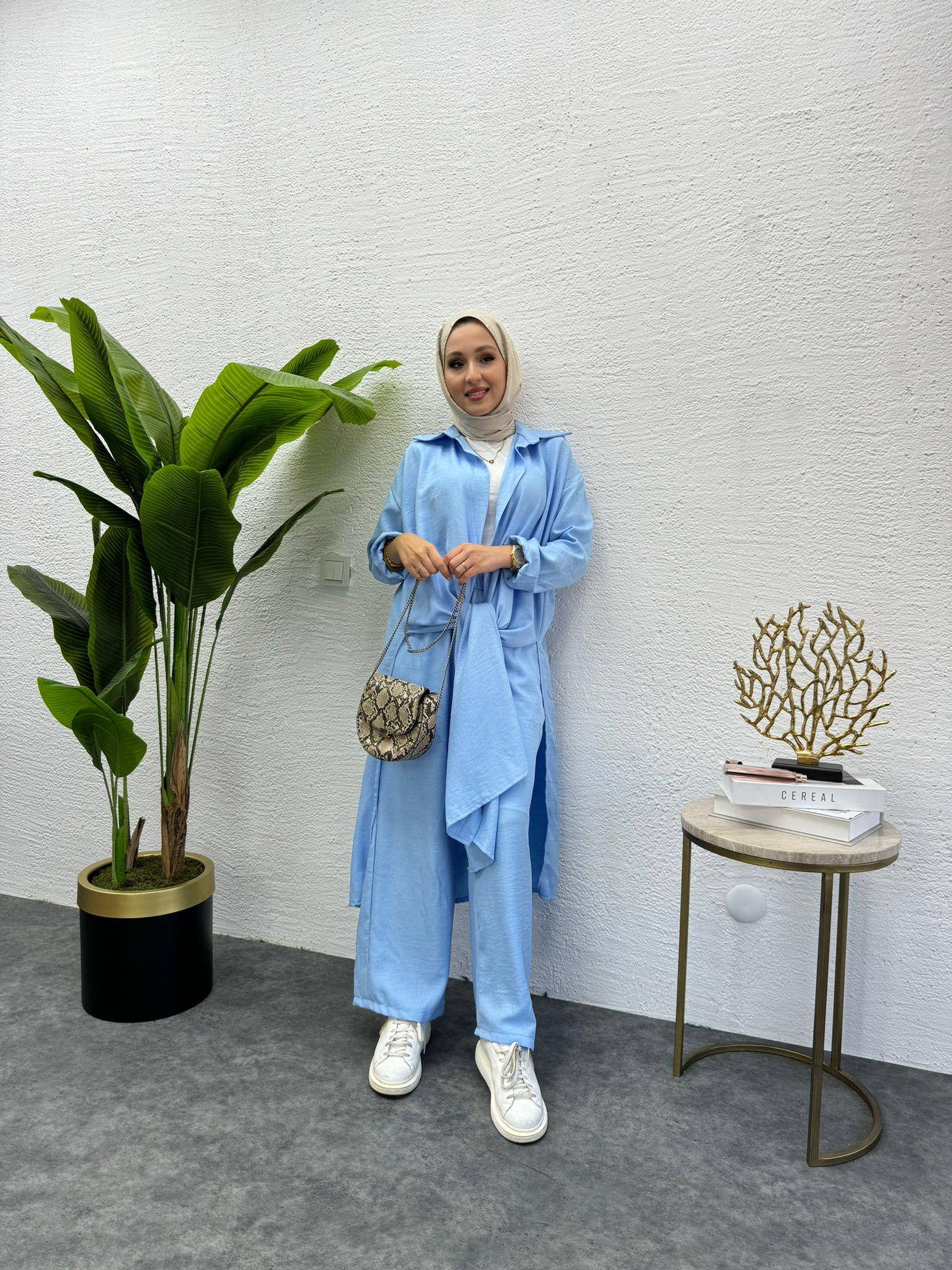 MEYSADESIGN PANTOLON TAKIM Lina Keten İkili Takım Açık Mavi