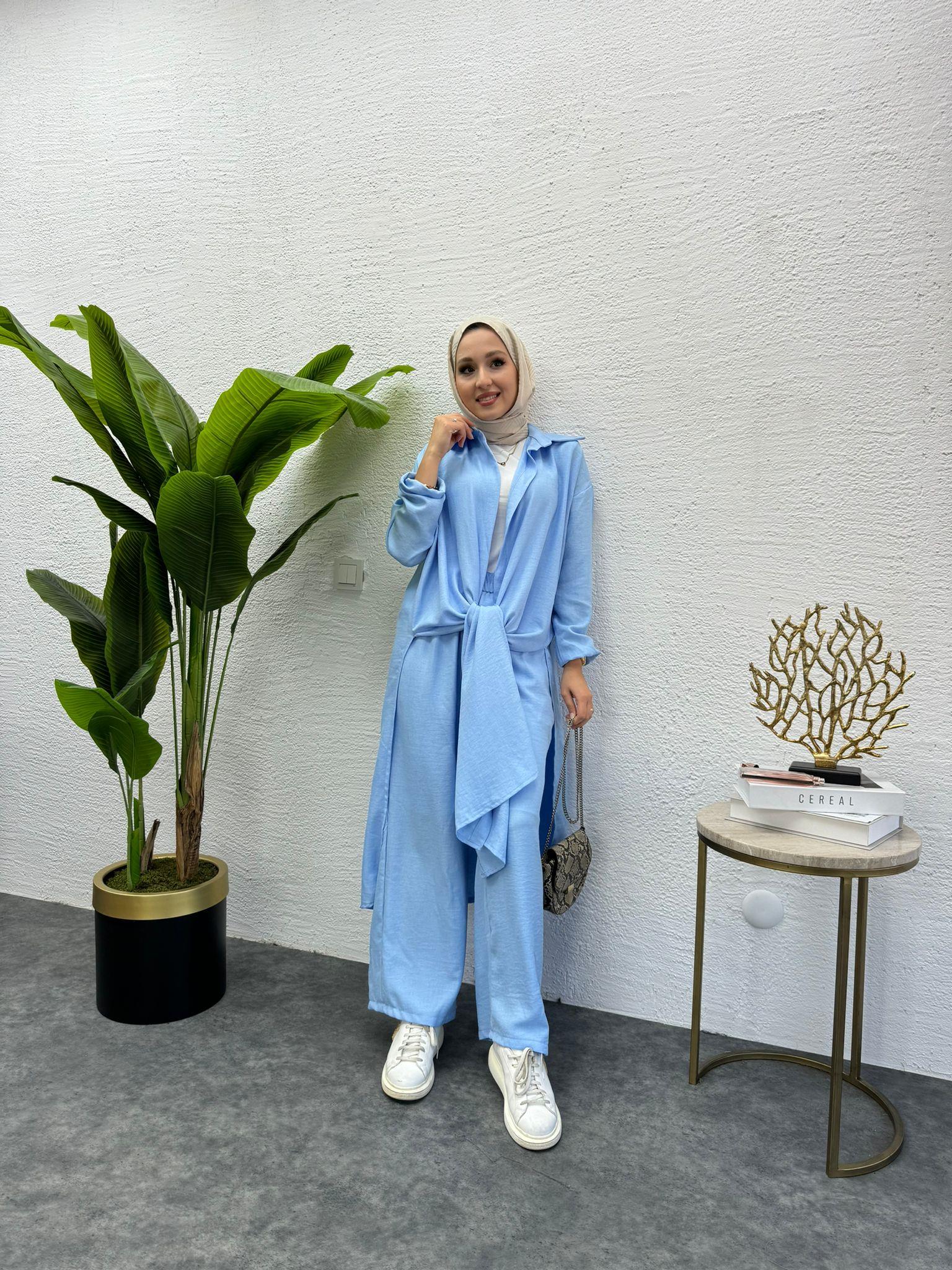 MEYSADESIGN PANTOLON TAKIM Lina Keten İkili Takım Açık Mavi