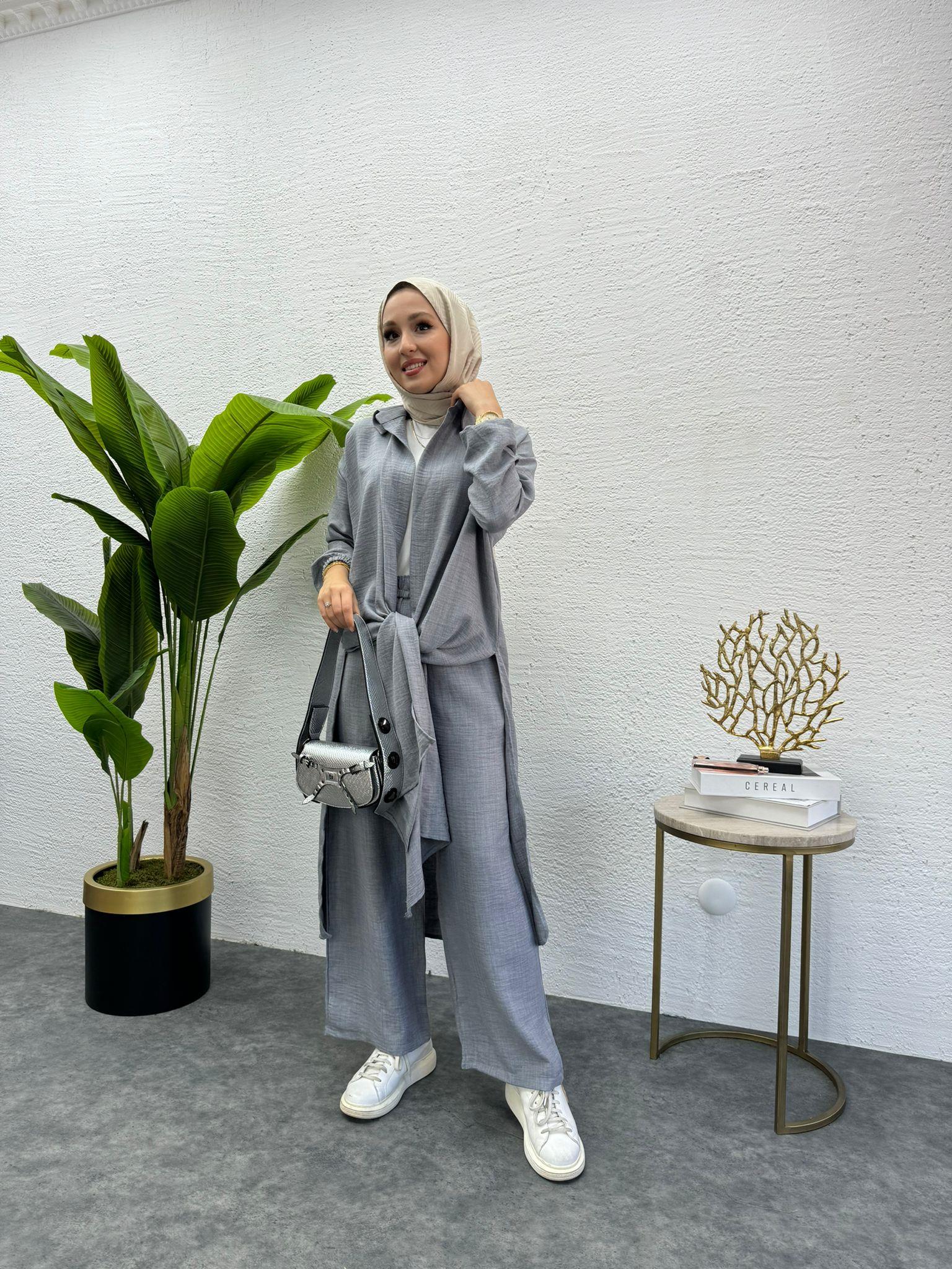 MEYSADESIGN PANTOLON TAKIM Lina Keten İkili Takım Gri