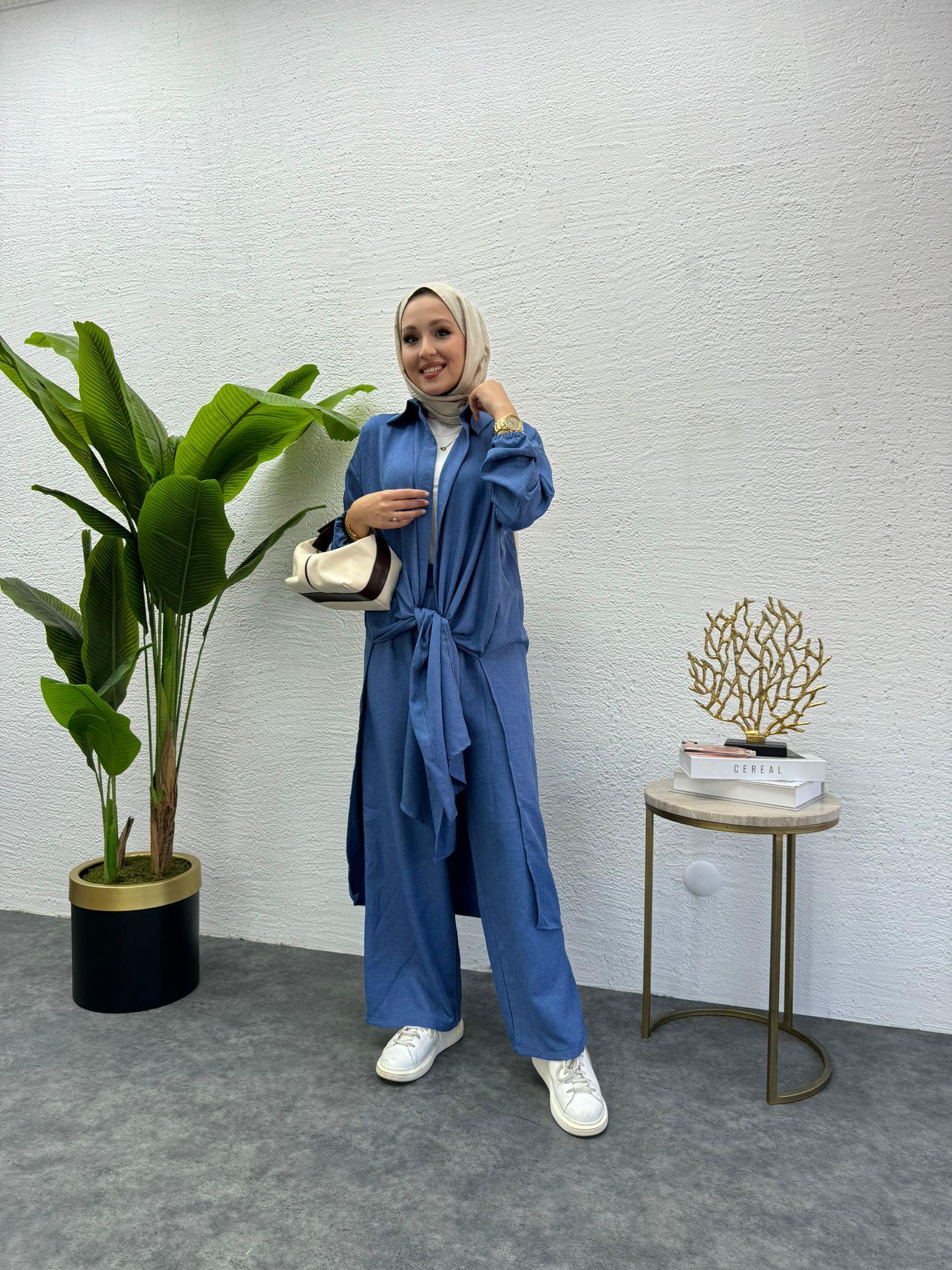 MEYSADESIGN PANTOLON TAKIM Lina Keten İkili Takım Koyu Mavi