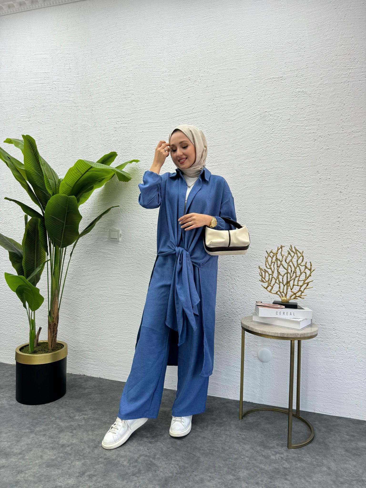 MEYSADESIGN PANTOLON TAKIM Lina Keten İkili Takım Koyu Mavi