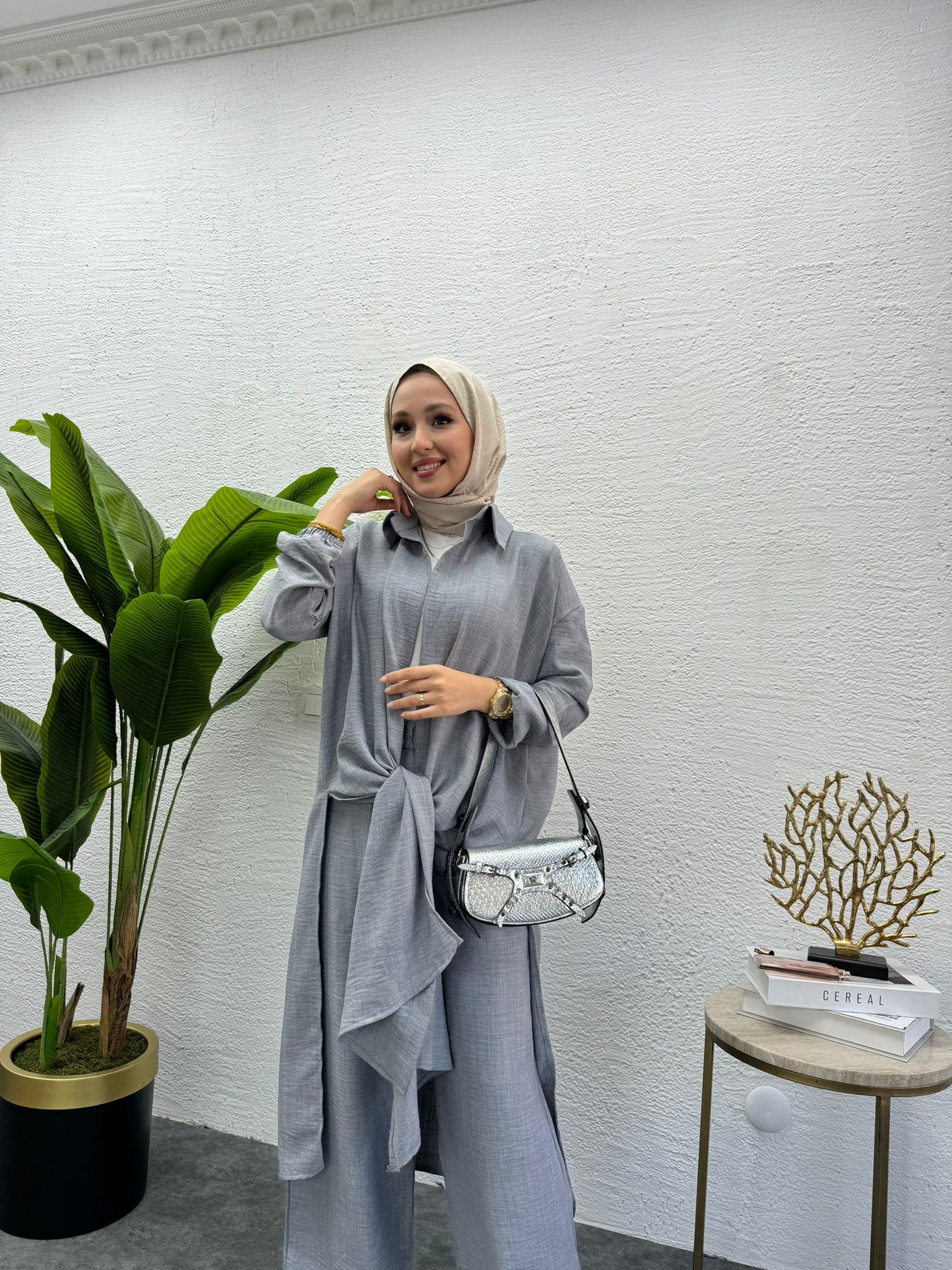 MEYSADESIGN PANTOLON TAKIM Lina Keten İkili Takım Gri
