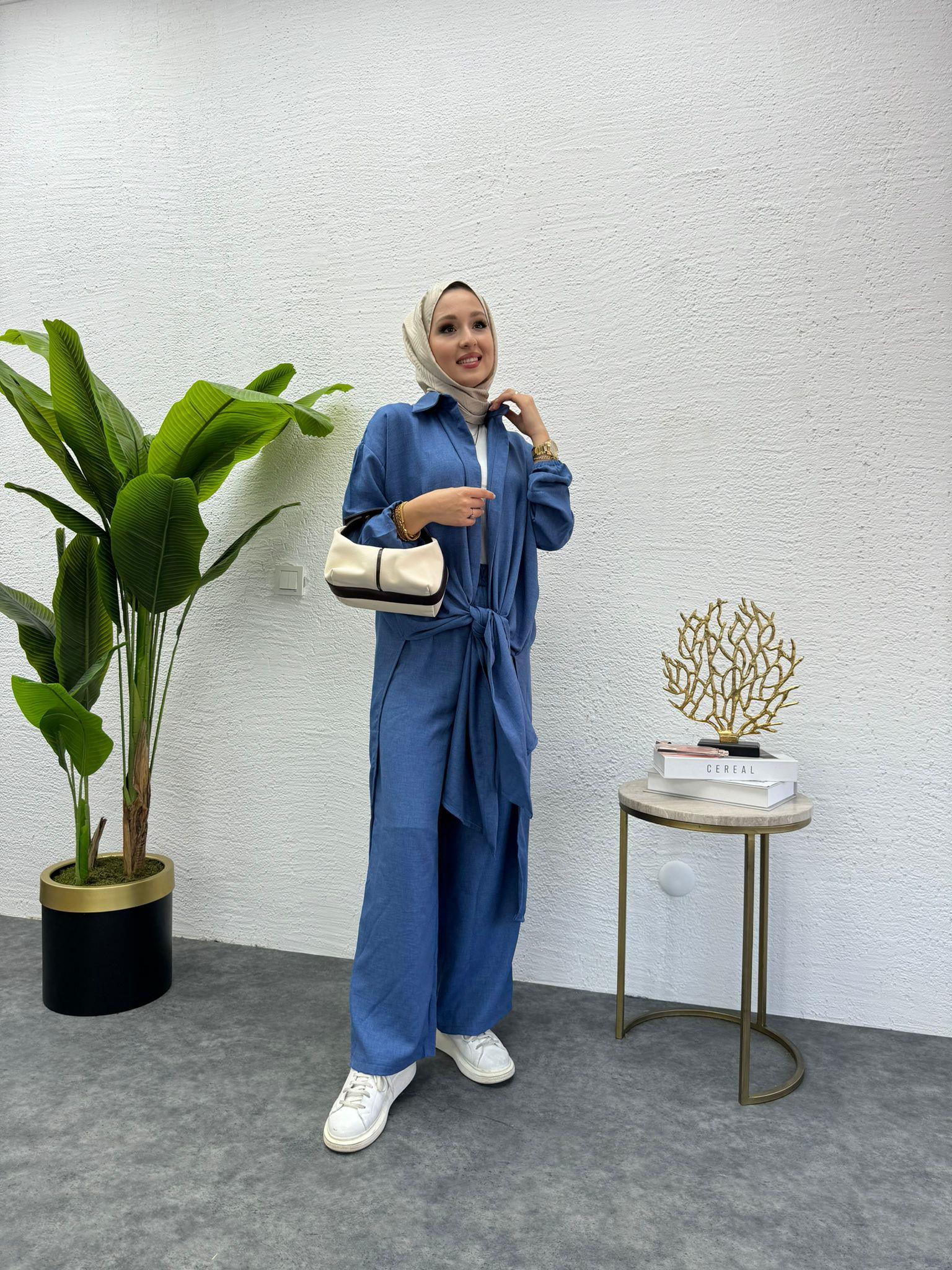 MEYSADESIGN PANTOLON TAKIM Lina Keten İkili Takım Koyu Mavi