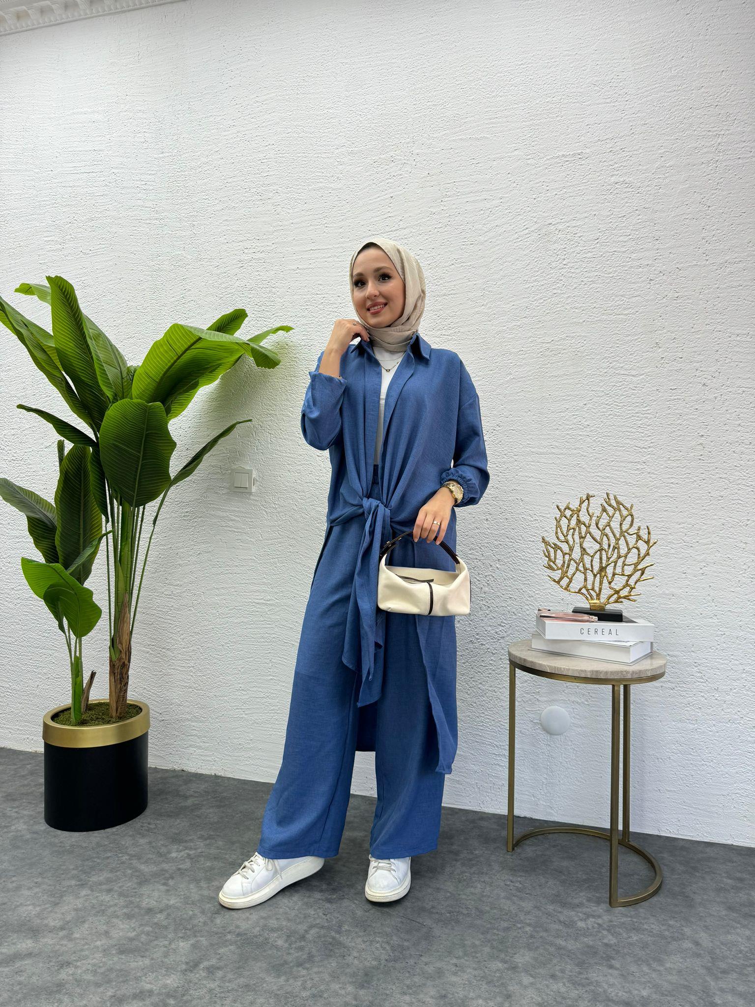MEYSADESIGN PANTOLON TAKIM Lina Keten İkili Takım Koyu Mavi