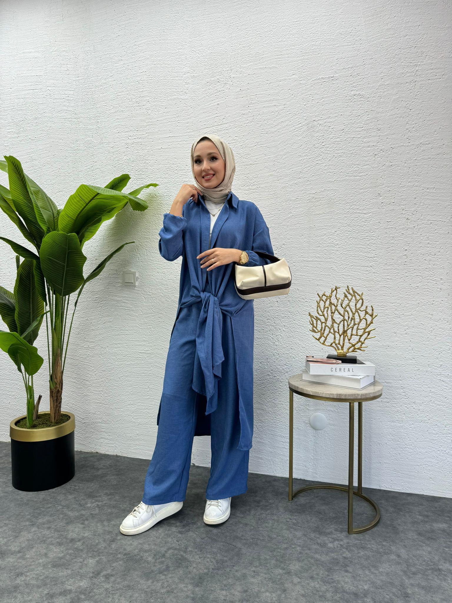 MEYSADESIGN PANTOLON TAKIM Lina Keten İkili Takım Koyu Mavi