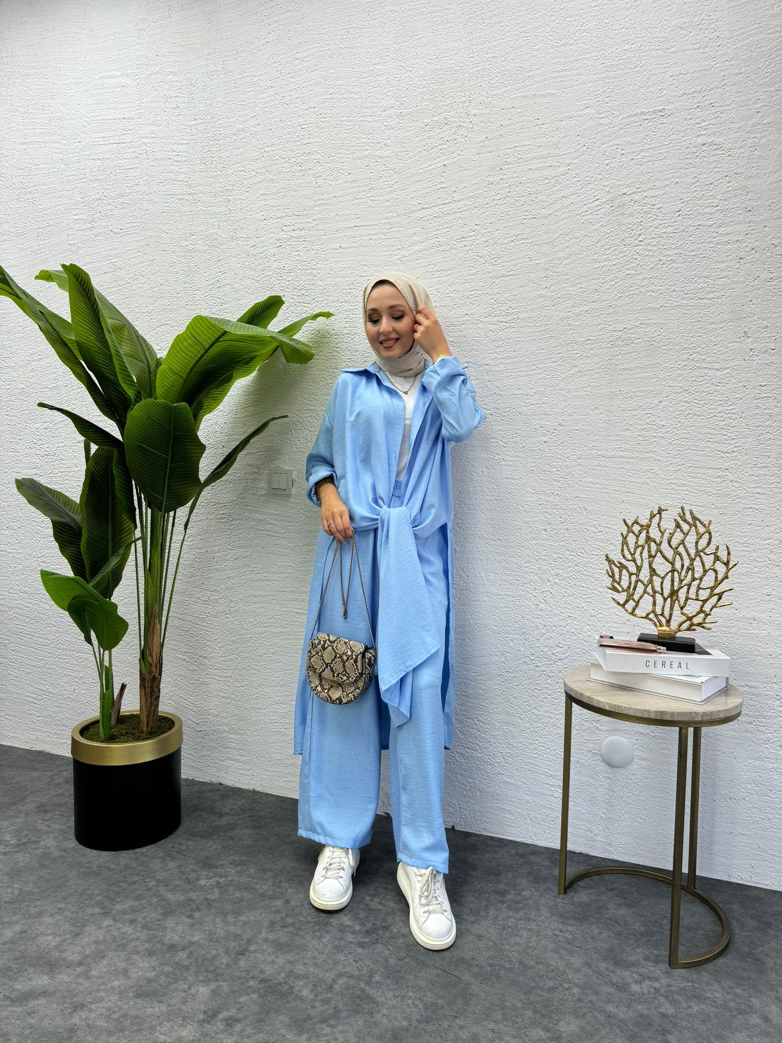 MEYSADESIGN PANTOLON TAKIM Lina Keten İkili Takım Açık Mavi