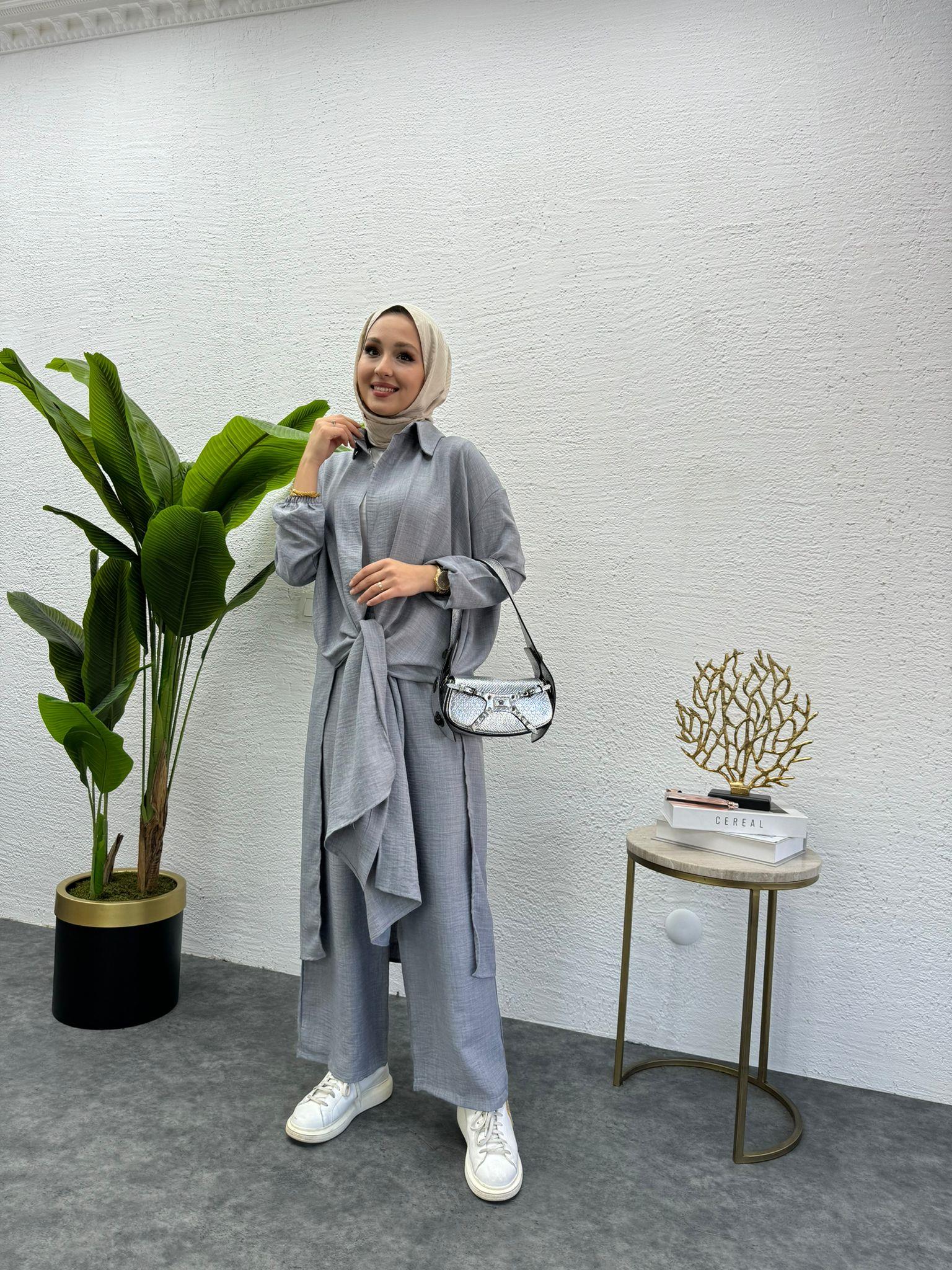 MEYSADESIGN PANTOLON TAKIM Lina Keten İkili Takım Gri