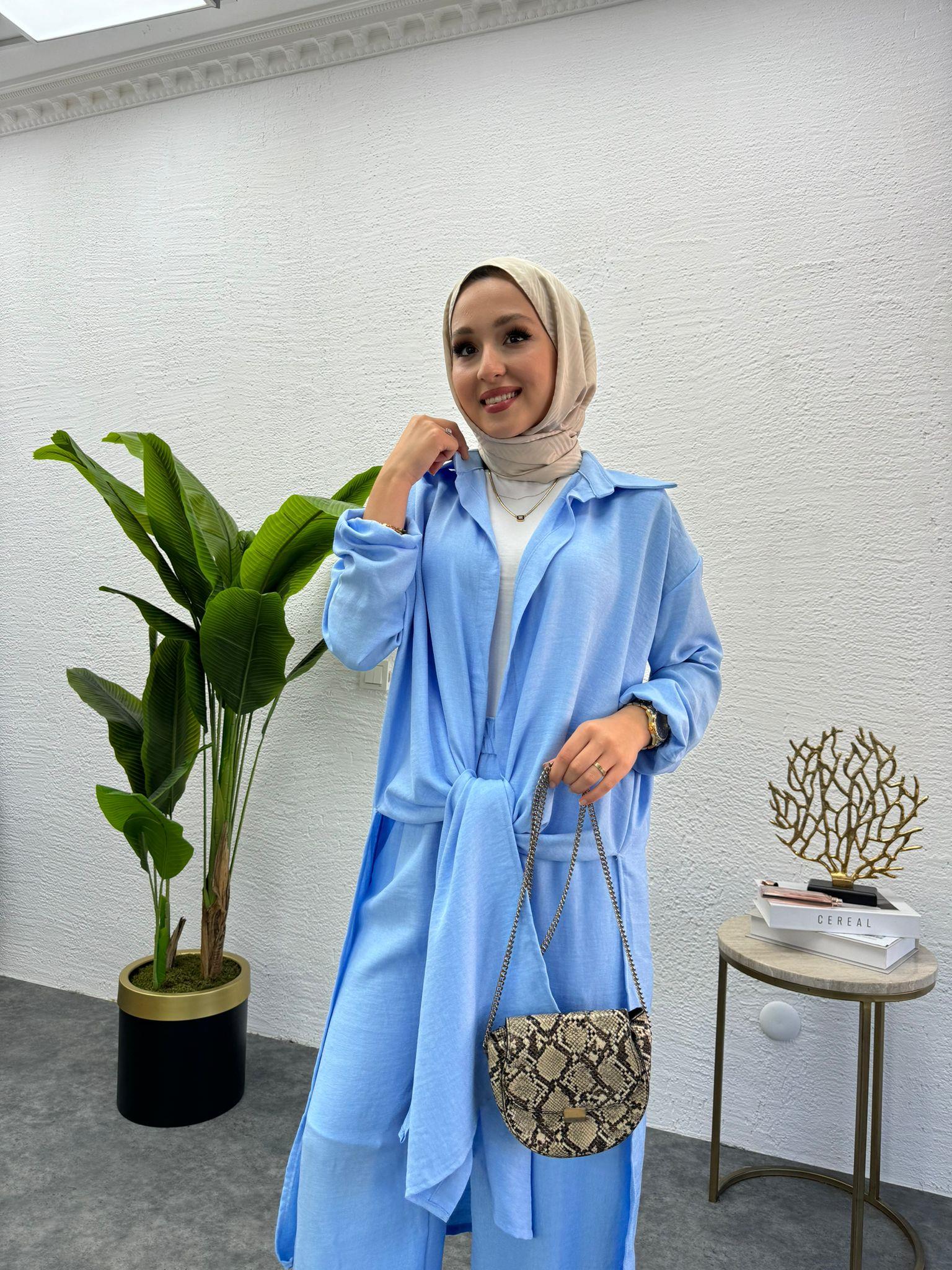 MEYSADESIGN PANTOLON TAKIM Lina Keten İkili Takım Açık Mavi